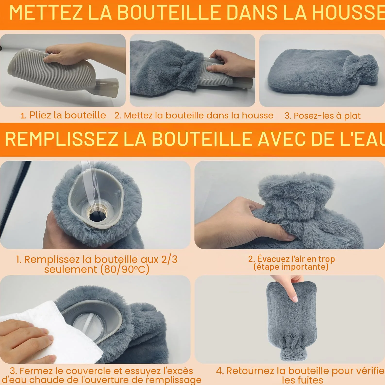 Bouillotte Eau Chaude 2L avec Housse en Peluche Antifuite Caoutchouc Amovible