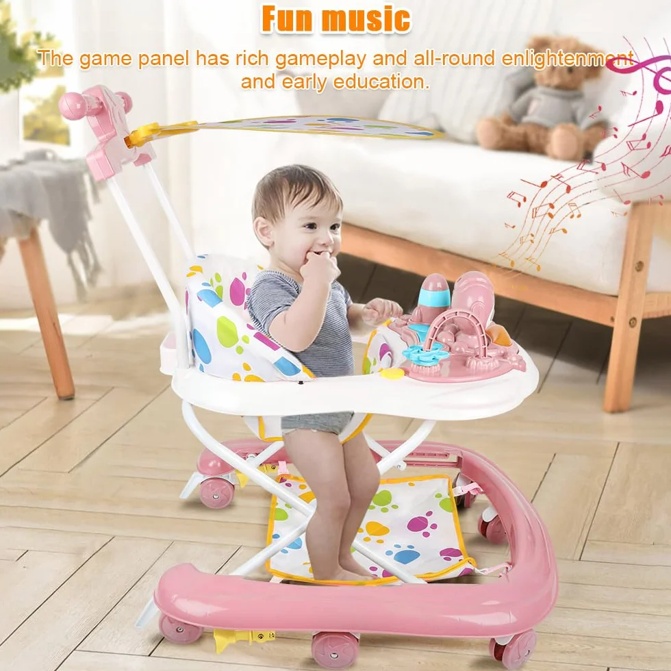 Trotteur Bébé 2en1 Hauteur Réglable avec Musique, 8 Roues, Auvent, 62x68x36-81cm Rose