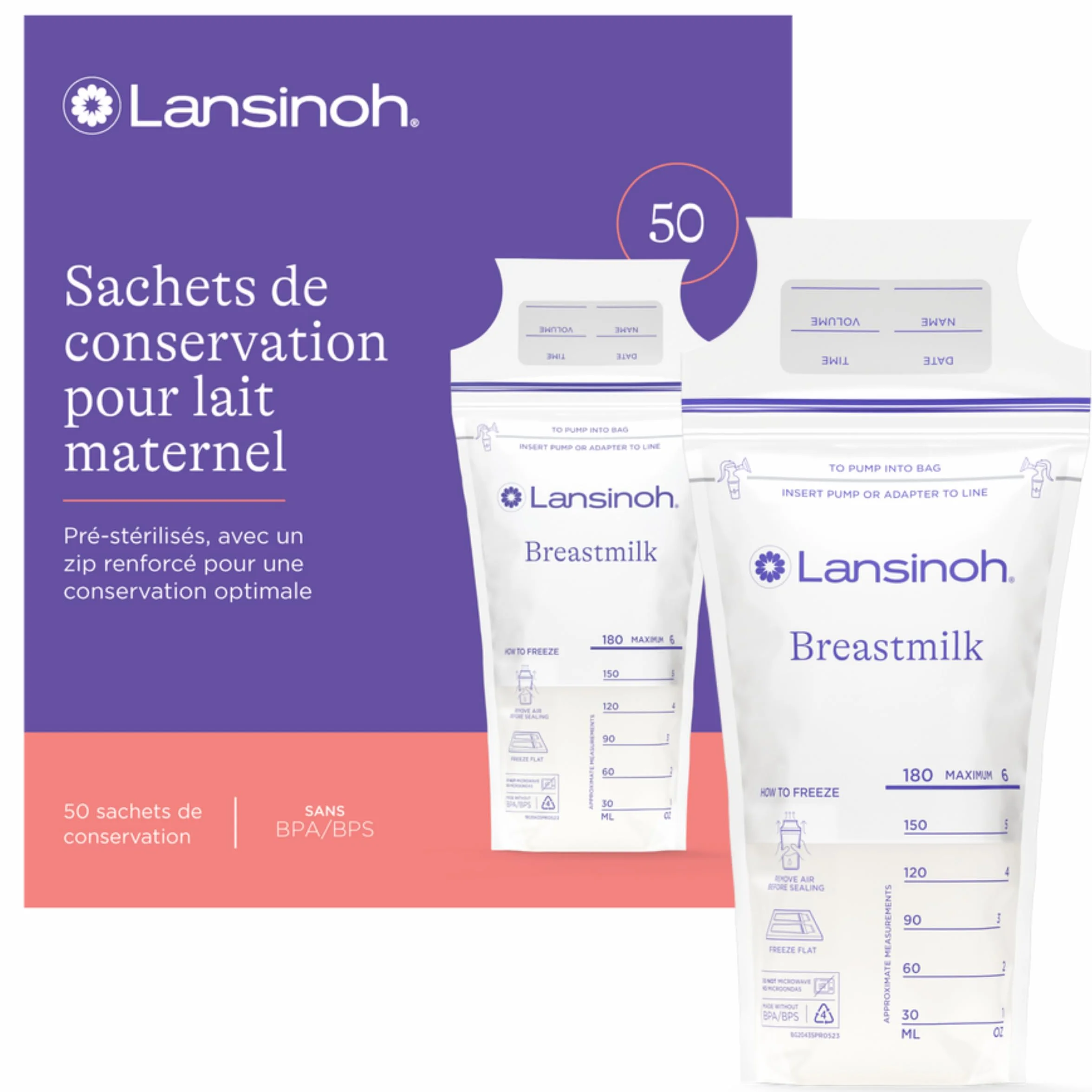 Lansinoh Sachets Conservation Lait Maternel x50 - Pré-stérilisés - Double Zip Anti-Fuite - Sans BPA