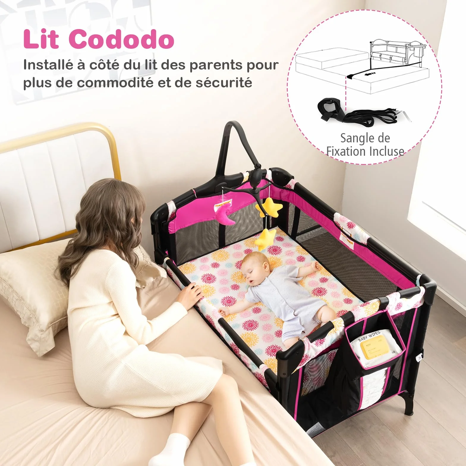 DREAMADE Lit Parapluie Bébé 4 en 1 107x72x119 cm Cododo avec Table à Lange & Matelas Noir+Rose