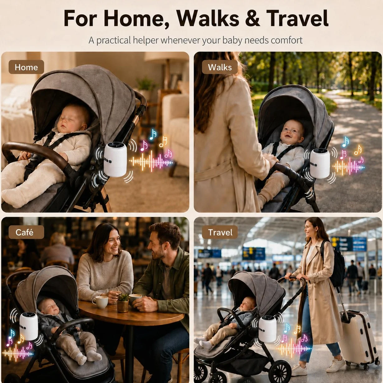 Baby Rocker Rechargeable avec 5 Niveaux d’Oscillation et Bruit Blanc - Réglable, Ultra-Silencieux, USB-C, 2 Supports Universels pour Toutes les Poussettes (Blanc)