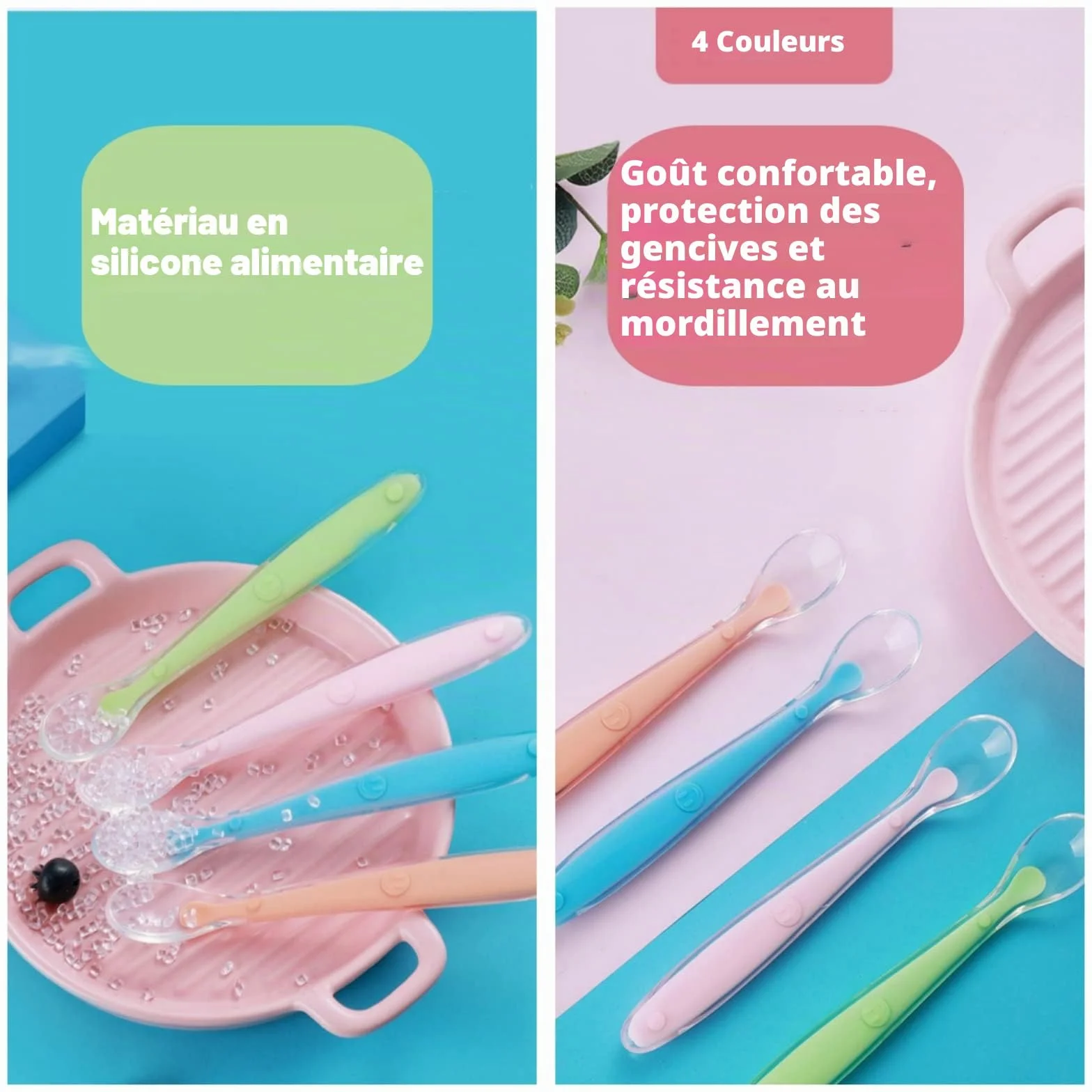 Cuillère Bébé Silicone Sans BPA 4 Pièces avec Boîte de Rangement