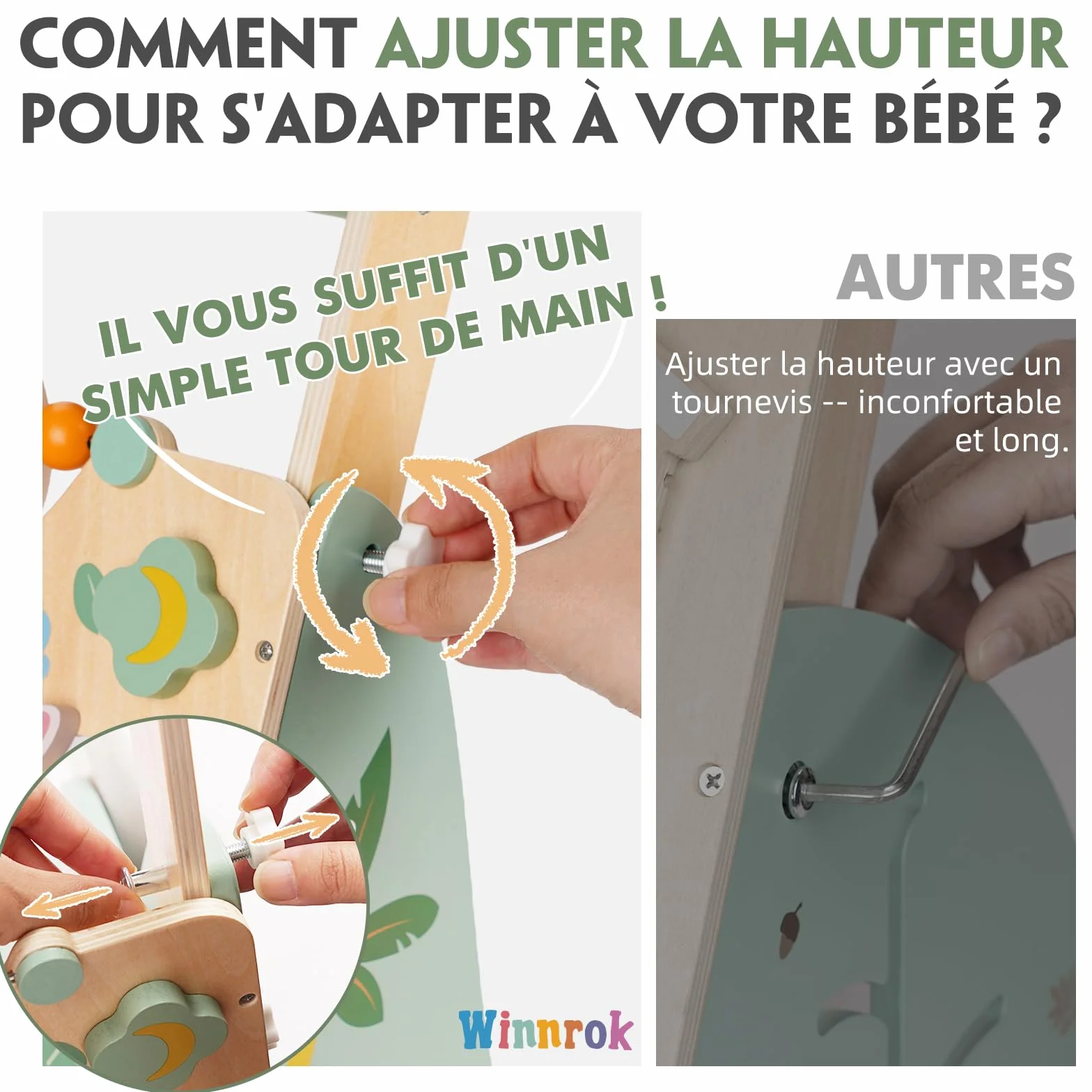 Chariot de Marche en Bois Montessori pour Bébé, Centre d'Activités, Trotteur Réglable 6-24 Mois