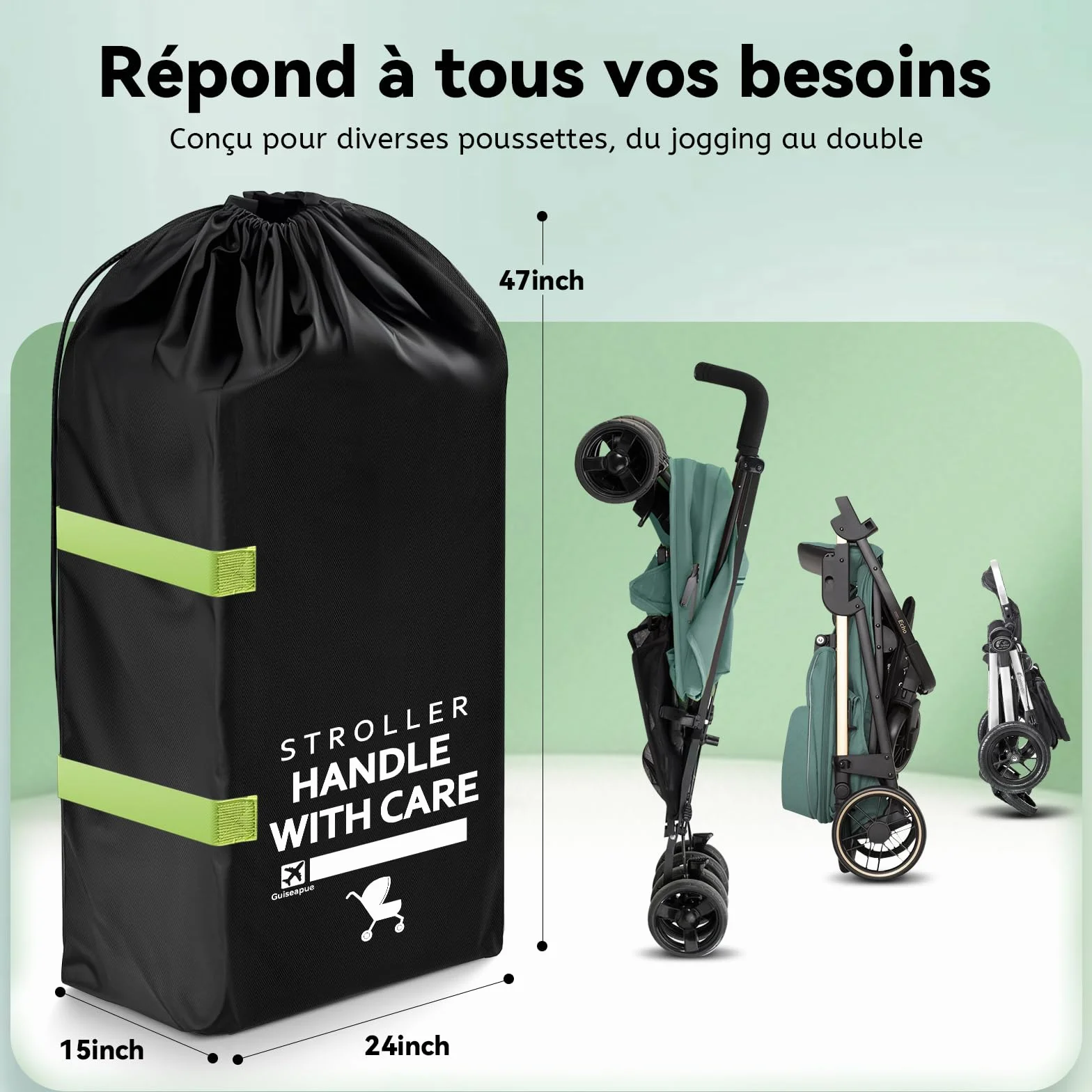 Sac de Voyage pour Poussette Avion, Grand Housse Protection Poussette Vol, Noir