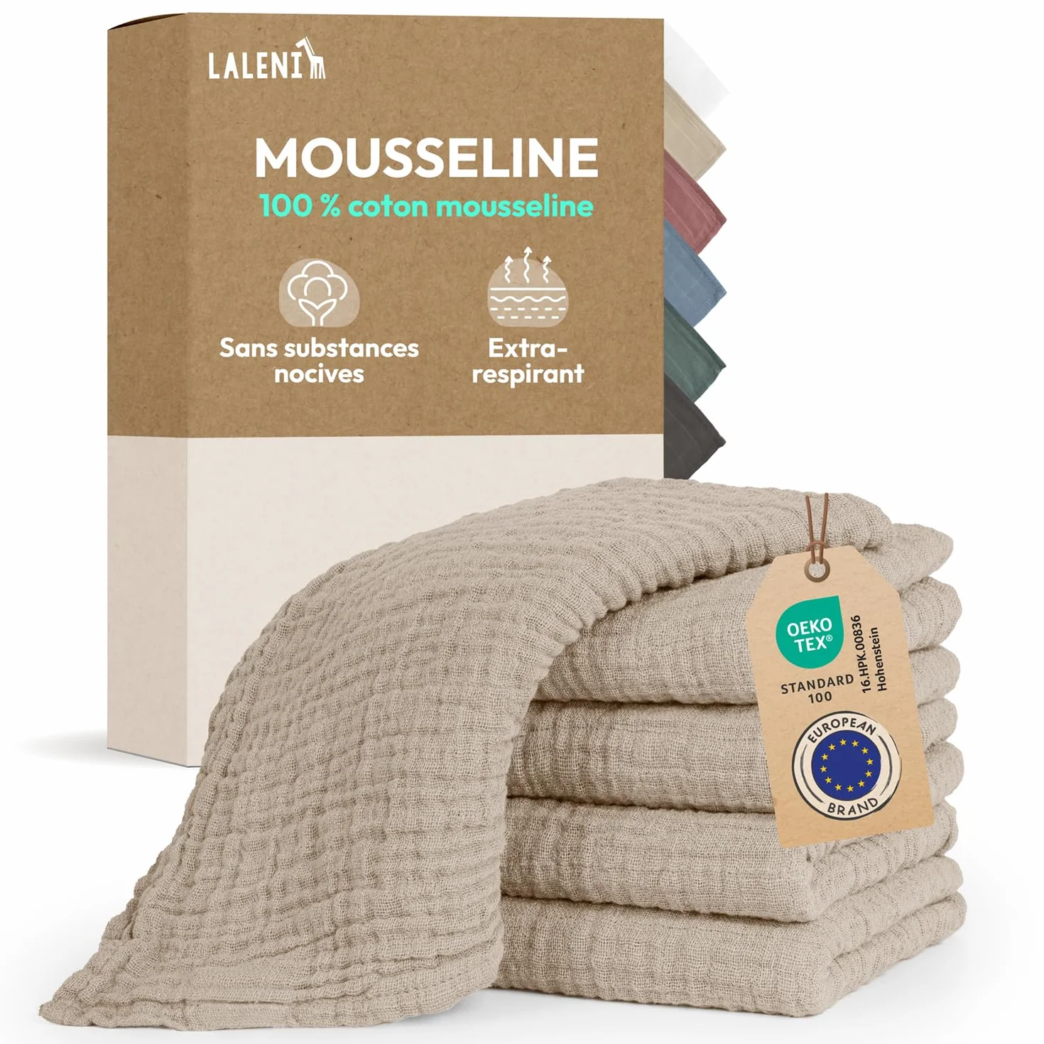 Laleni Lot de 5 langes bébé en pur coton 70x70 cm - Serviettes mousseline absorbantes lavables Beige