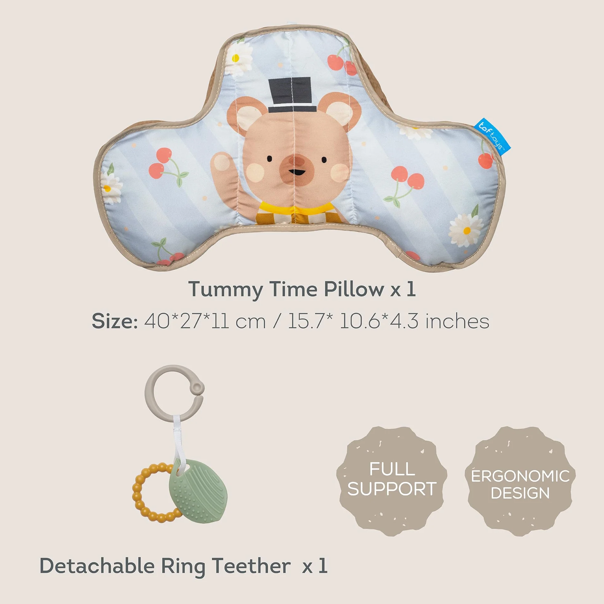 Coussin Tummy Time Bébé Ours – Coussin Ventral d’Éveil avec 2 Jouets Amovibles – 40x27x11 cm