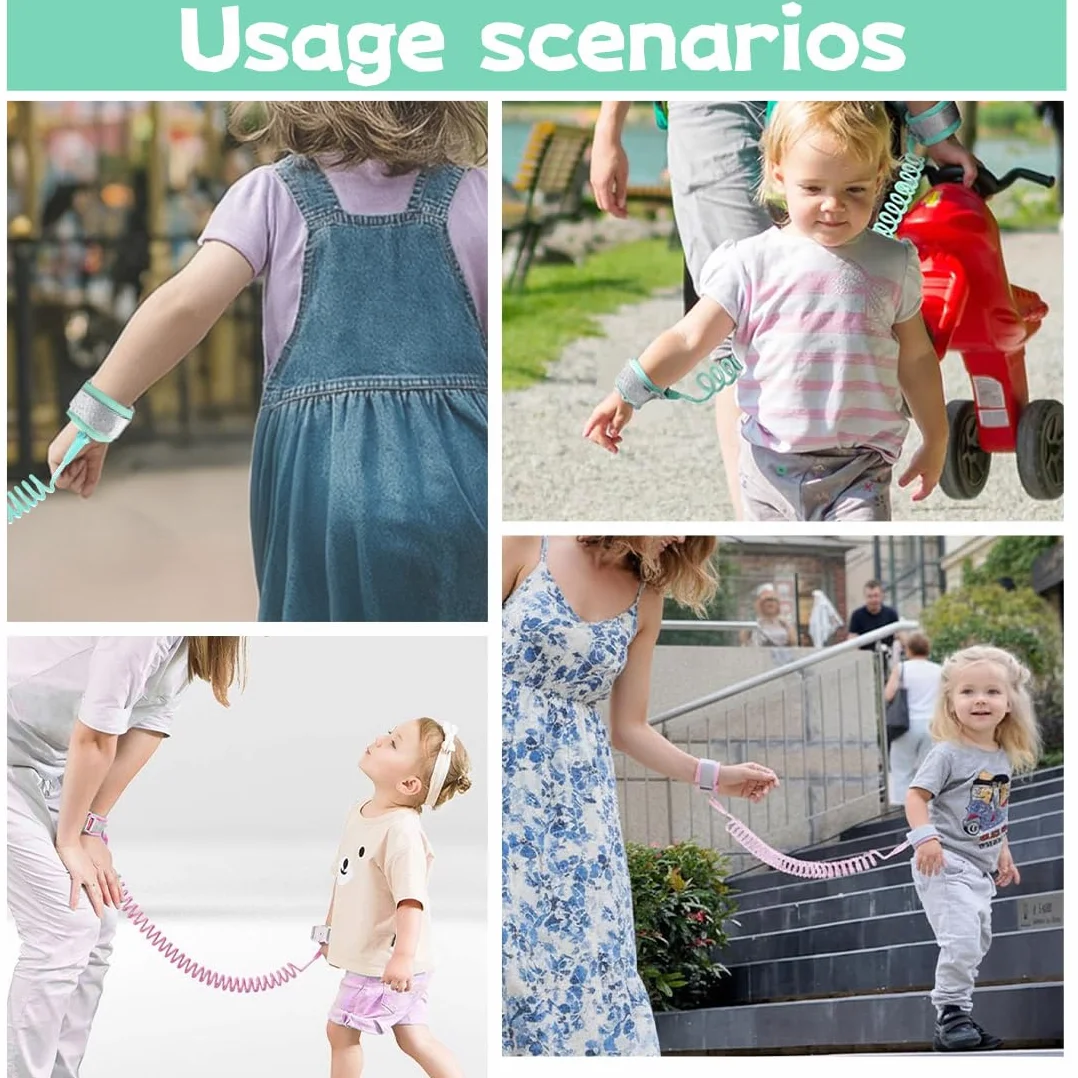 Laisse de Sécurité pour Enfants 2M Anti-perdu Bracelet Harnais Bébé Rotation 360° Rose Vert