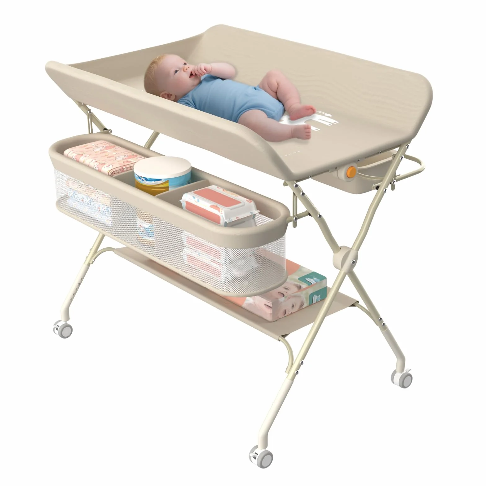 Supfine Table à Langer Pliable avec Panier Latéral, Réglable en Hauteur, Roulettes Verrouillables, Crème