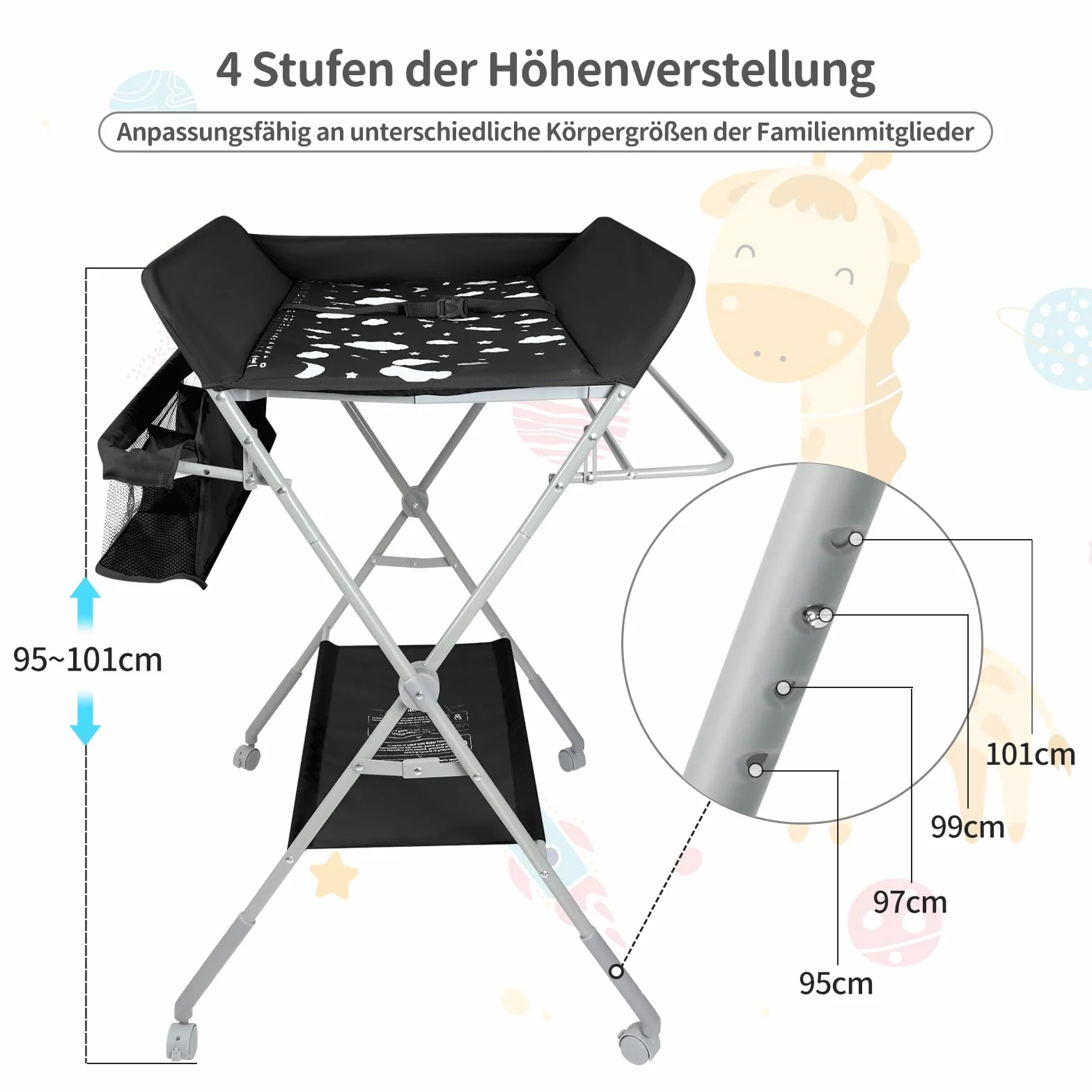 Table à langer pliable avec matelas, roulettes et harnais de sécurité, réglable en hauteur