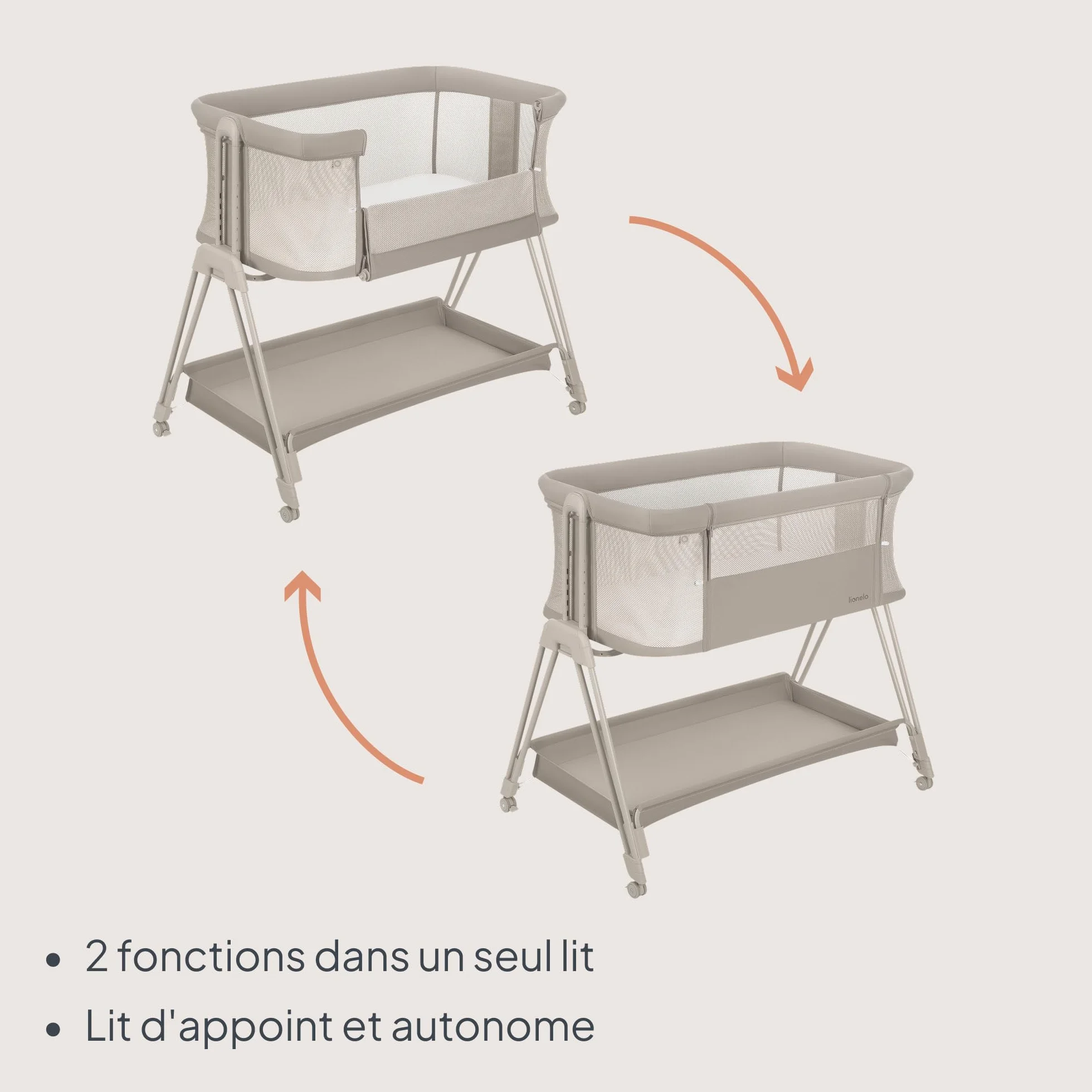 Lionelo Luna Lit Bebe Indépendant Cododo avec Matelas Co-Sleeping Nouveau-né 9 kg Hauteur Inclinaison Réglables 4 Roues Blocage Fixation Lit Parents Aéré Beige
