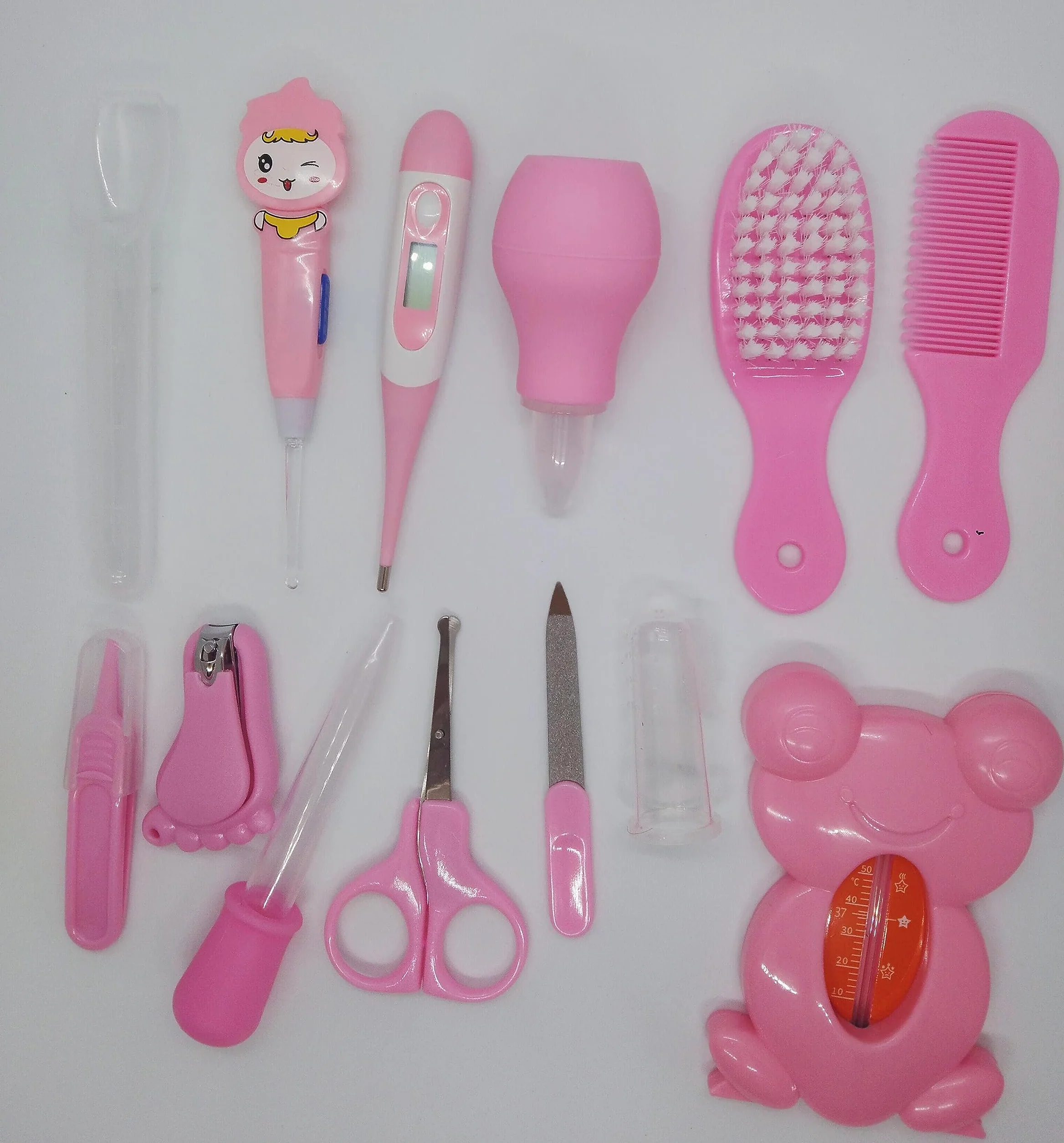 Kit de Soin Bébé 13 pièces Thermomètre Digital Coupe-ongles Ciseaux Peigne Brosse à doigts Rose