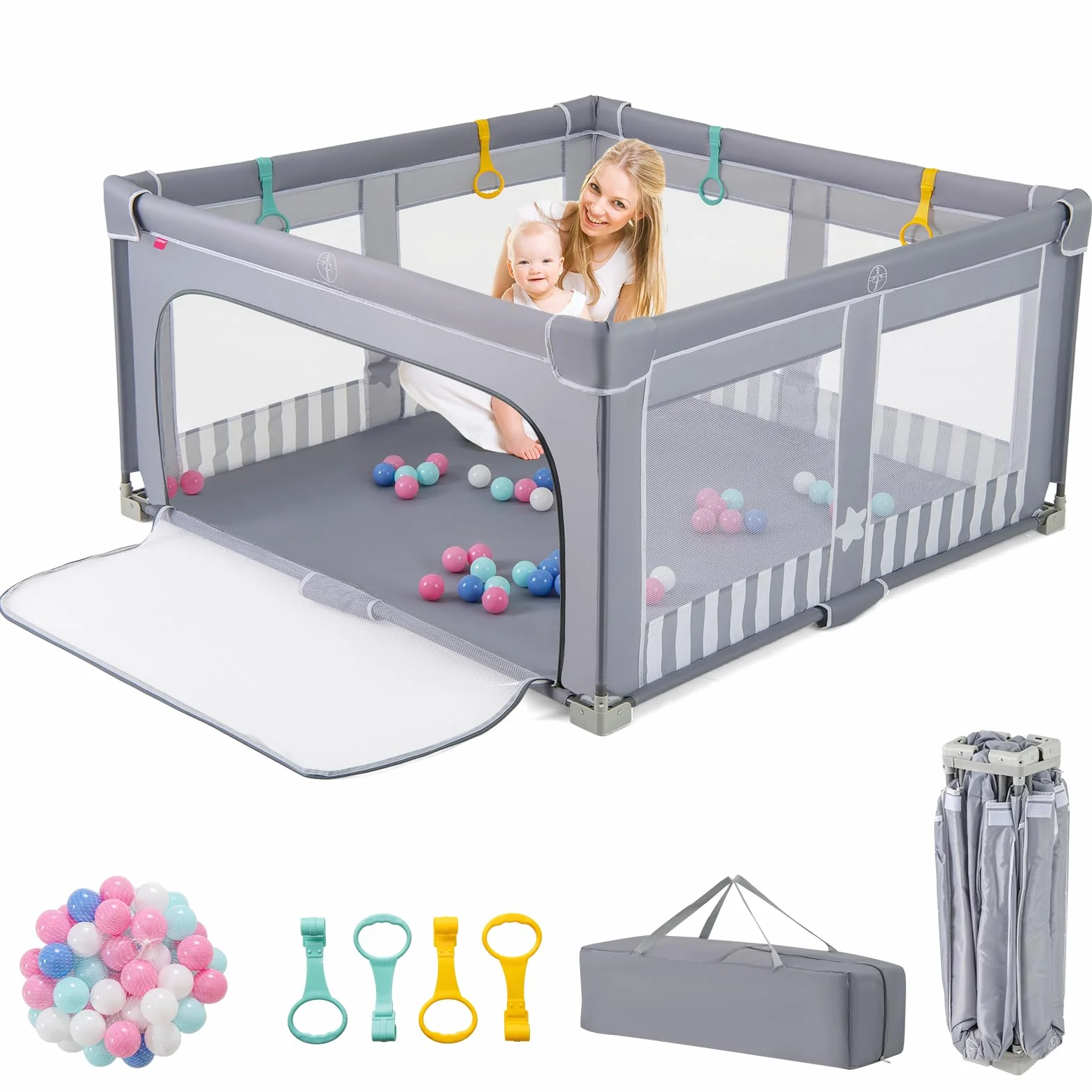 COSTWAY Parc Bébé Pliable 150x150x76,5 cm avec 50 Balles Océaniques, Filet Respirant, Portail Zippé, Gris