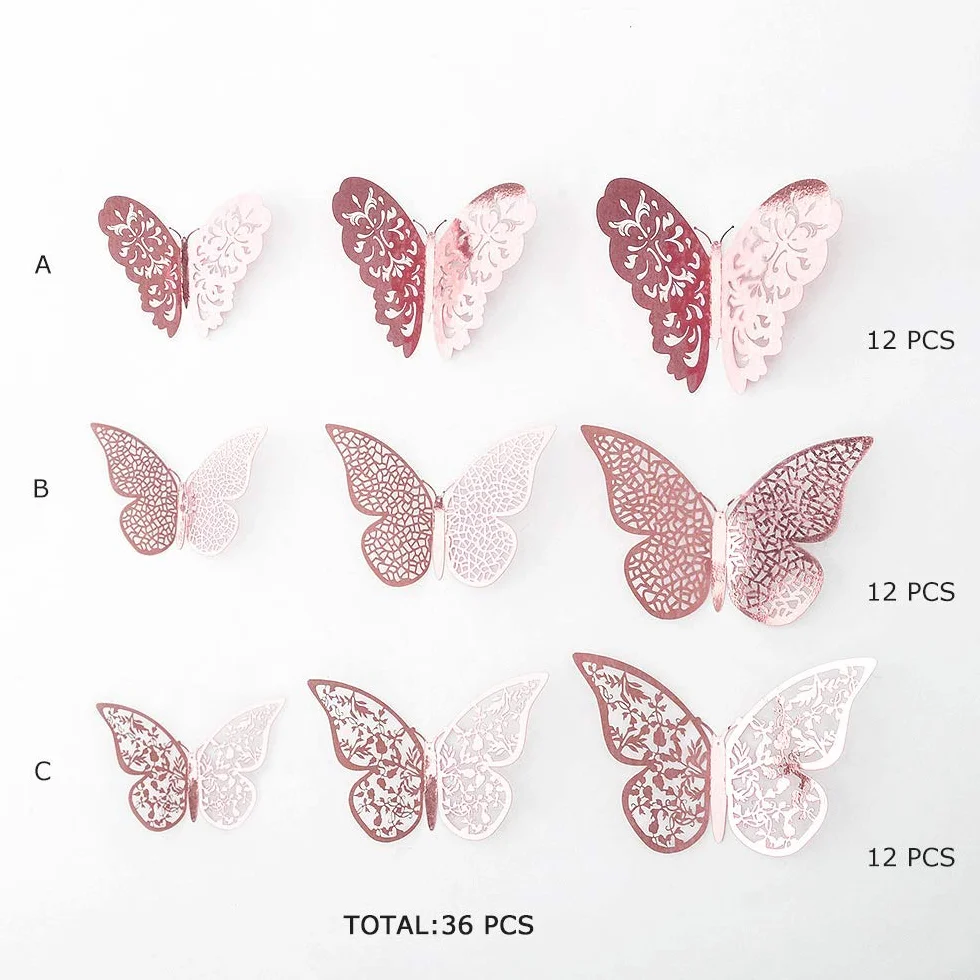 36 Pièces 3D Papillons Décoratifs Autocollants Muraux DIY Art Stickers Chambre Bébé (Rose Rouge)