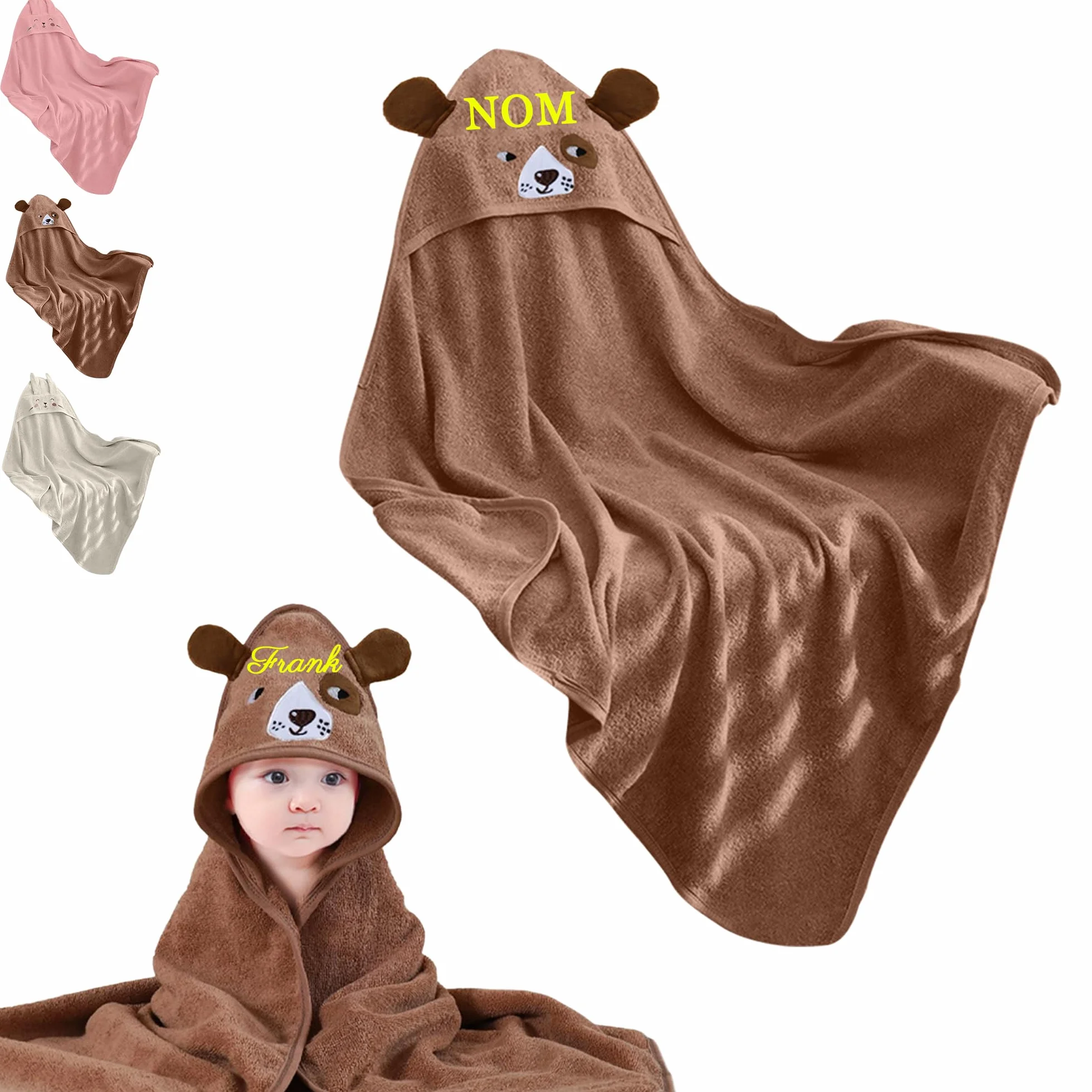 Cape de Bain Bébé Personnalisable Brodé avec Nom Cadeau Naissance Marron