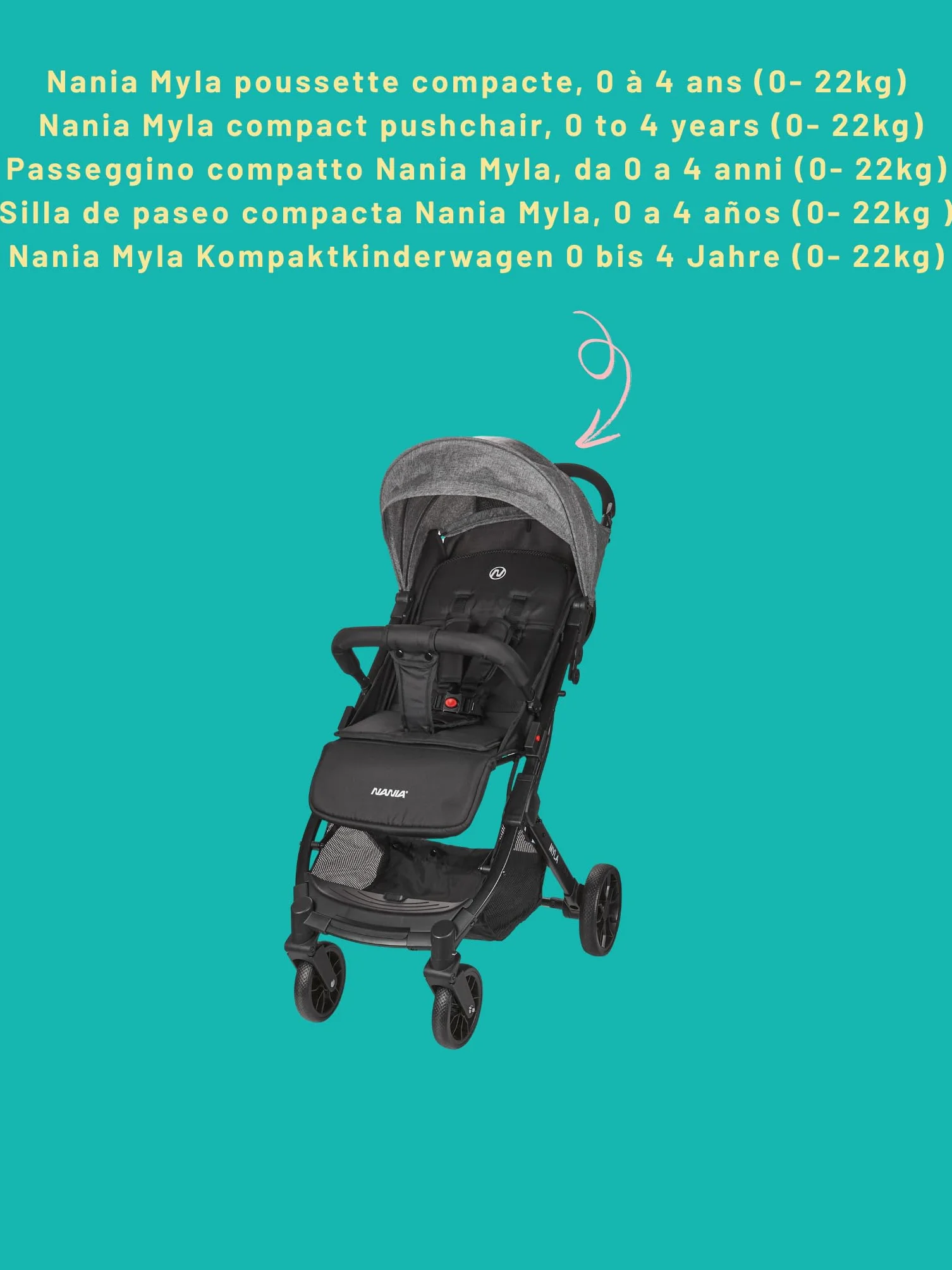 Nania Myla poussette canne compacte 0-4 ans 22kg légère 7.5kg citadine inclinable grand panier