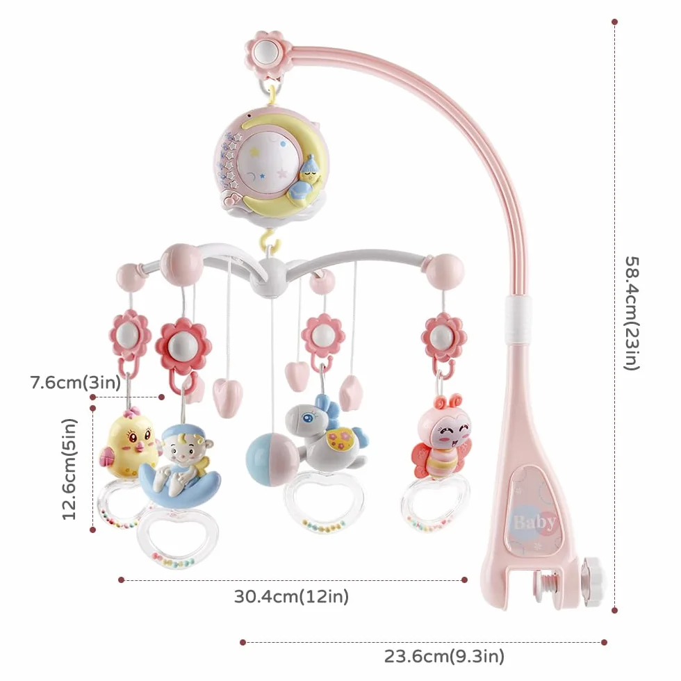 Berceau de musique pour bébé avec projecteur et lumières, mobile suspendu tournant, boîte à musique 150 mélodies, rose