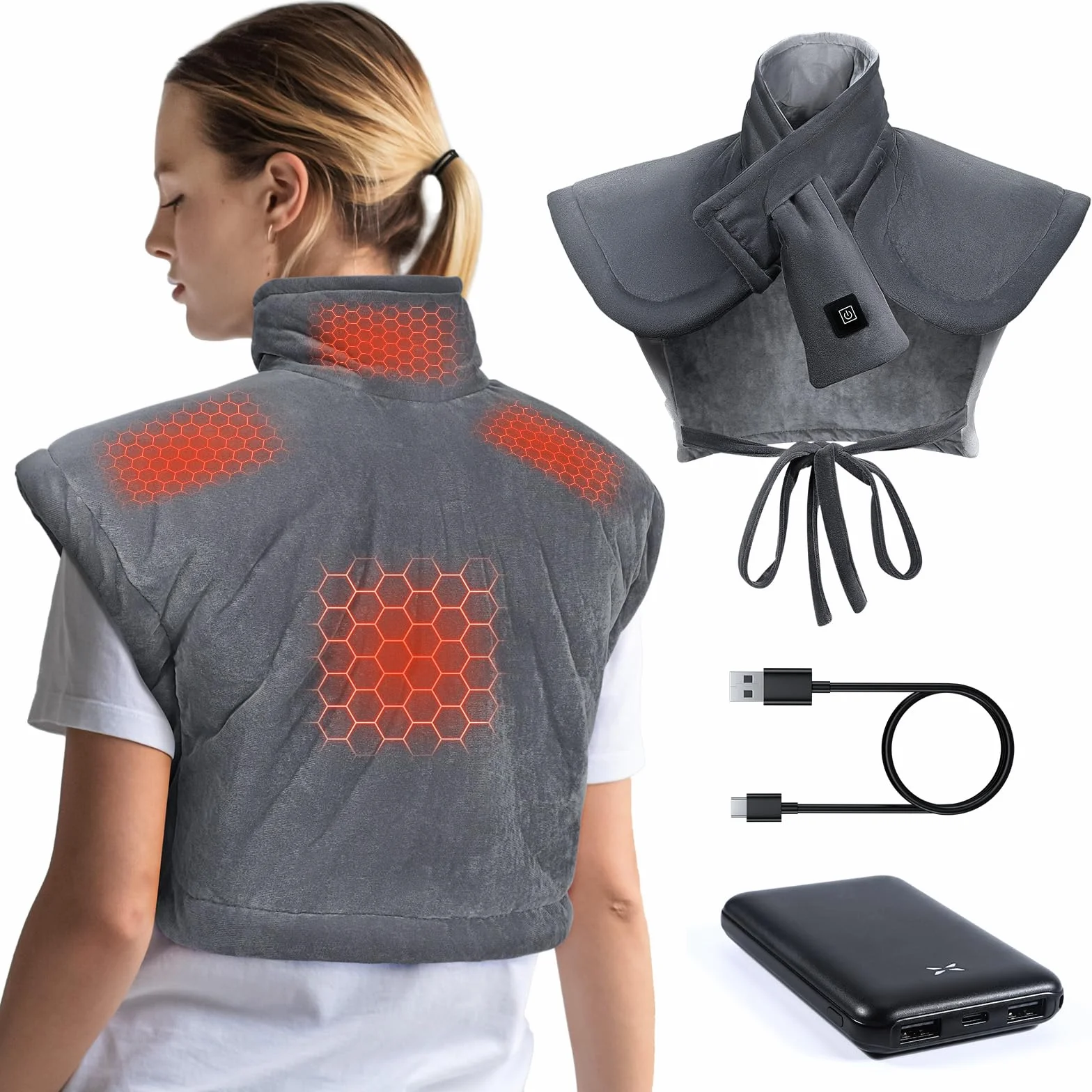 Coussin Chauffant Graphène Cou et Dos 10000mAh 3 Niveaux Réglage Température Arrêt Automatique