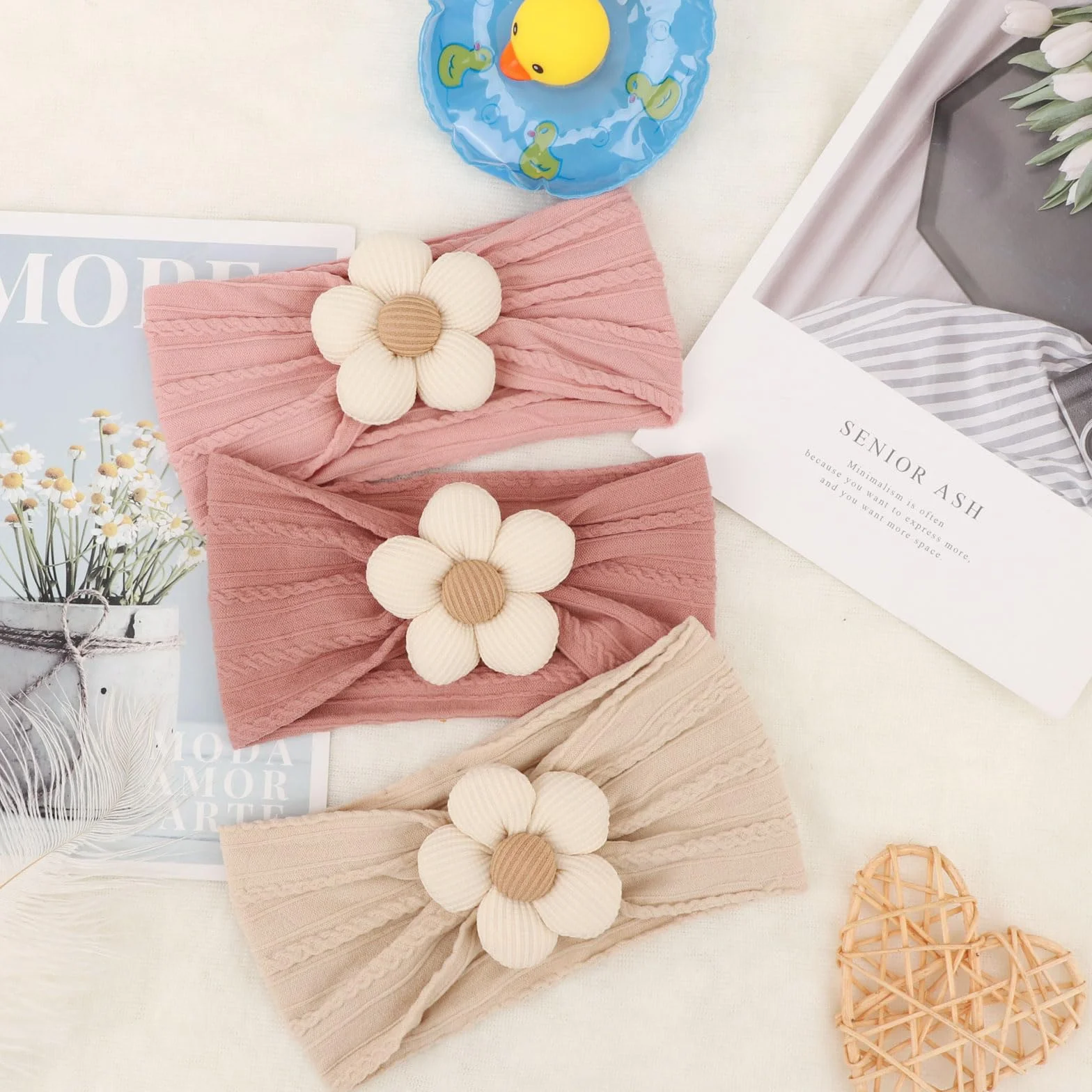 DRESHOW 3 Pièces Bandeaux Filles Fleurs Extensible Nylon Fait Main Cheveux Accessoires Nouveau-né