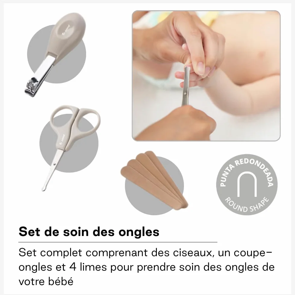 Jané Kit Hygiène Bébé 8 Pièces, Brosse Poils Naturels, Ciseaux, Coupe-ongles, Lime, Brosse Dentaire Silicone, Beige
