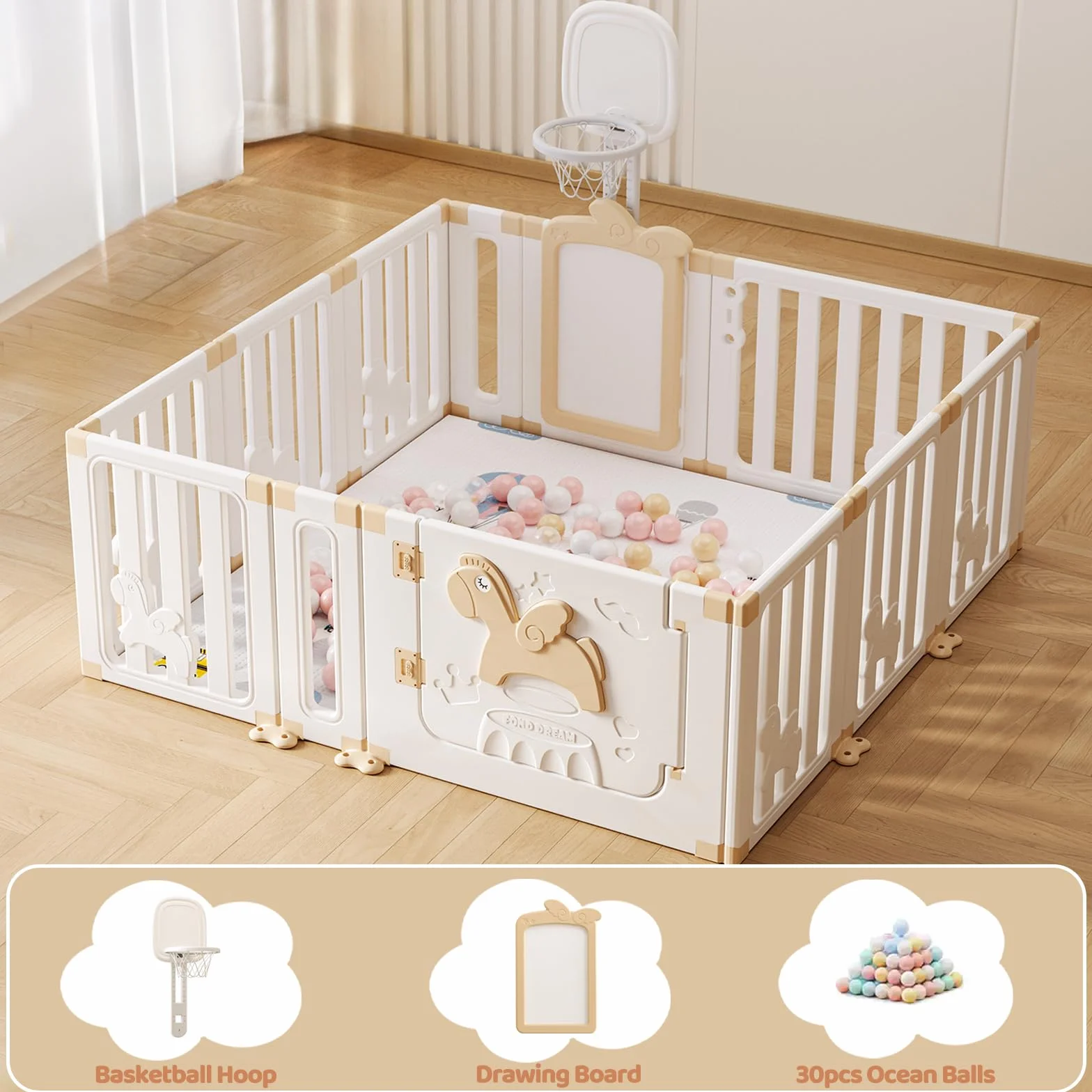 UBRAVOO Parc bébé avec panier de basket, parc de jeu sécurisé Angel Horse, 30 balles, 12 panneaux, kaki