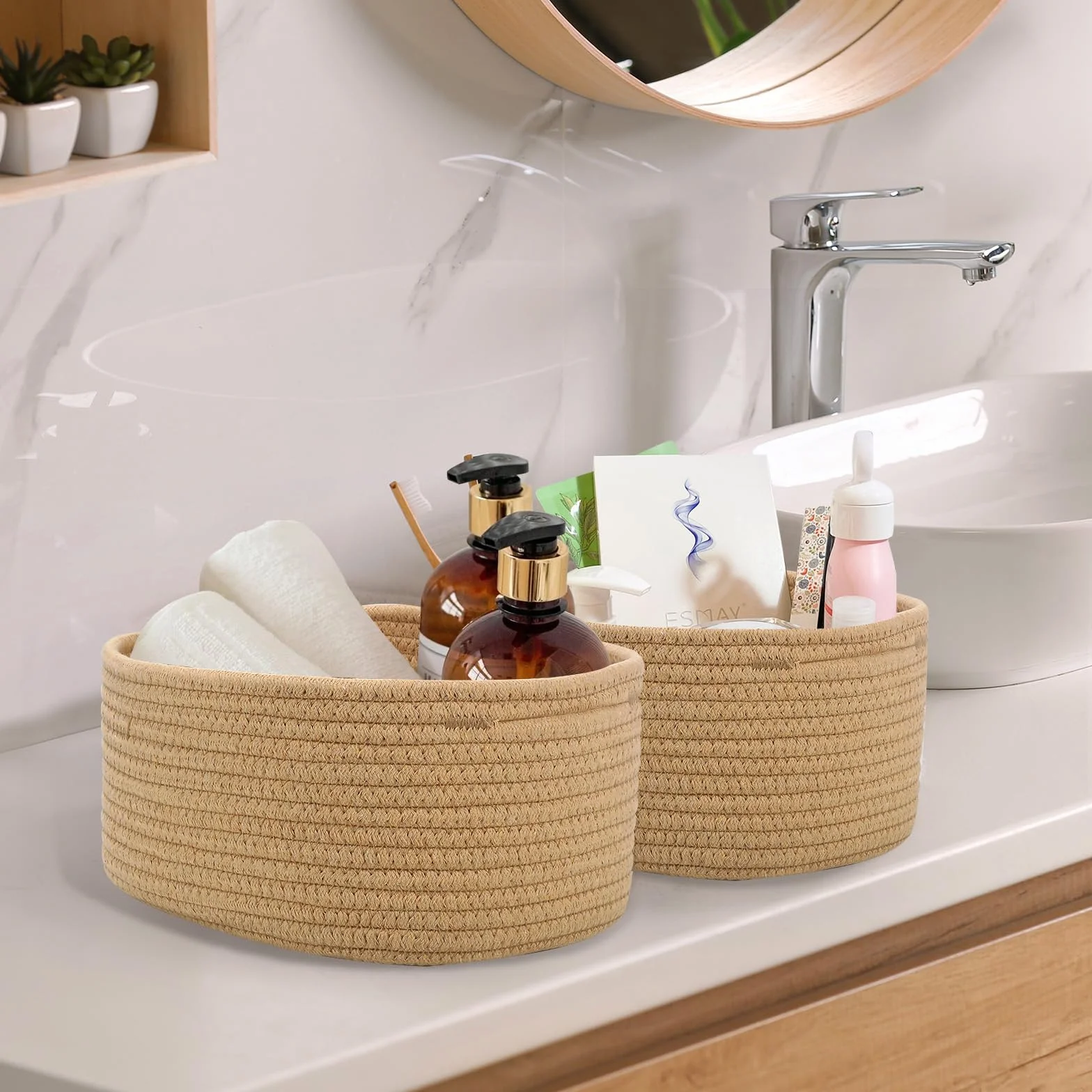 Panier Rangement Lot de 5 Jute pour Salle de Bain Cuisine Organisateur Empilable