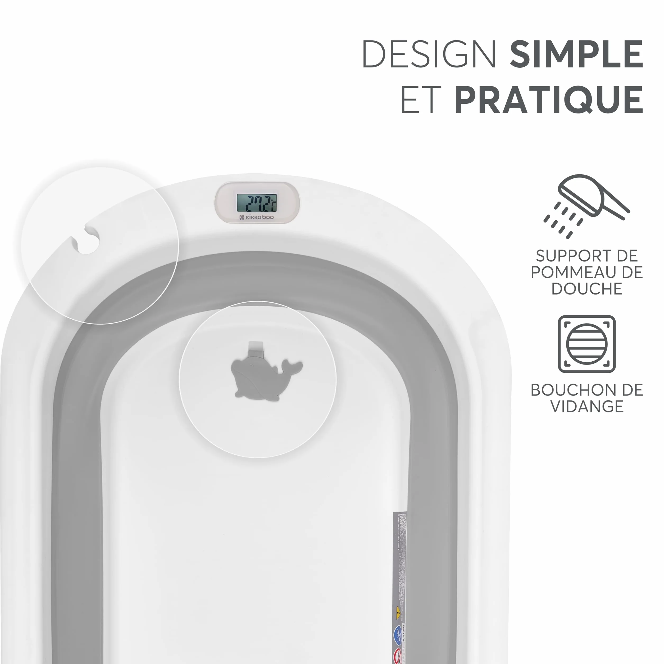 KikkaBoo Baignoire Bébé WILLY Pliable avec Thermomètre Intégré, Coussin Doux, Antidérapant, Matériau Non Toxique, Gris