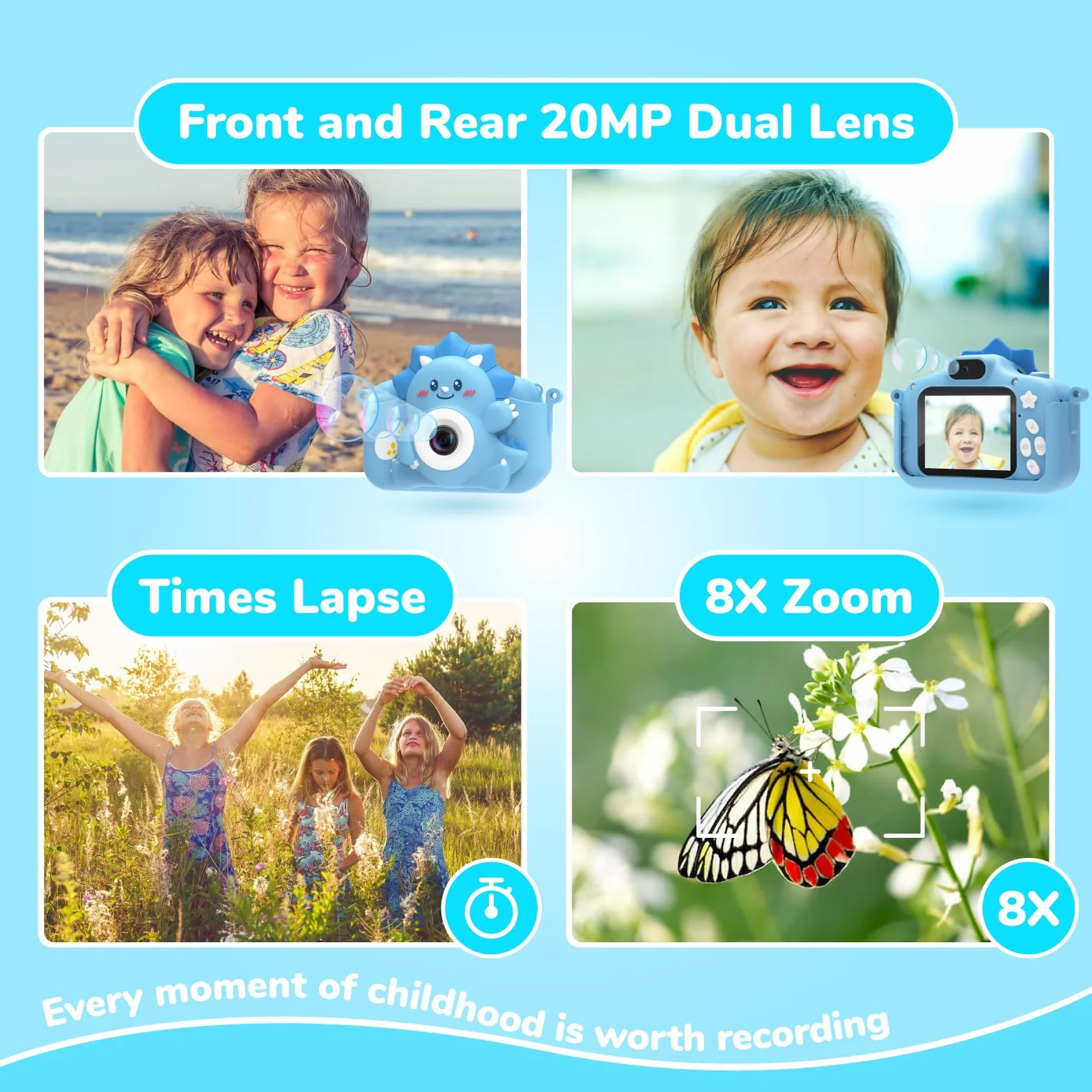 HiMont Appareil Photo Enfant 20MP 1080P Numérique Caméra Vidéo Selfie avec Carte TF 32G Bleu