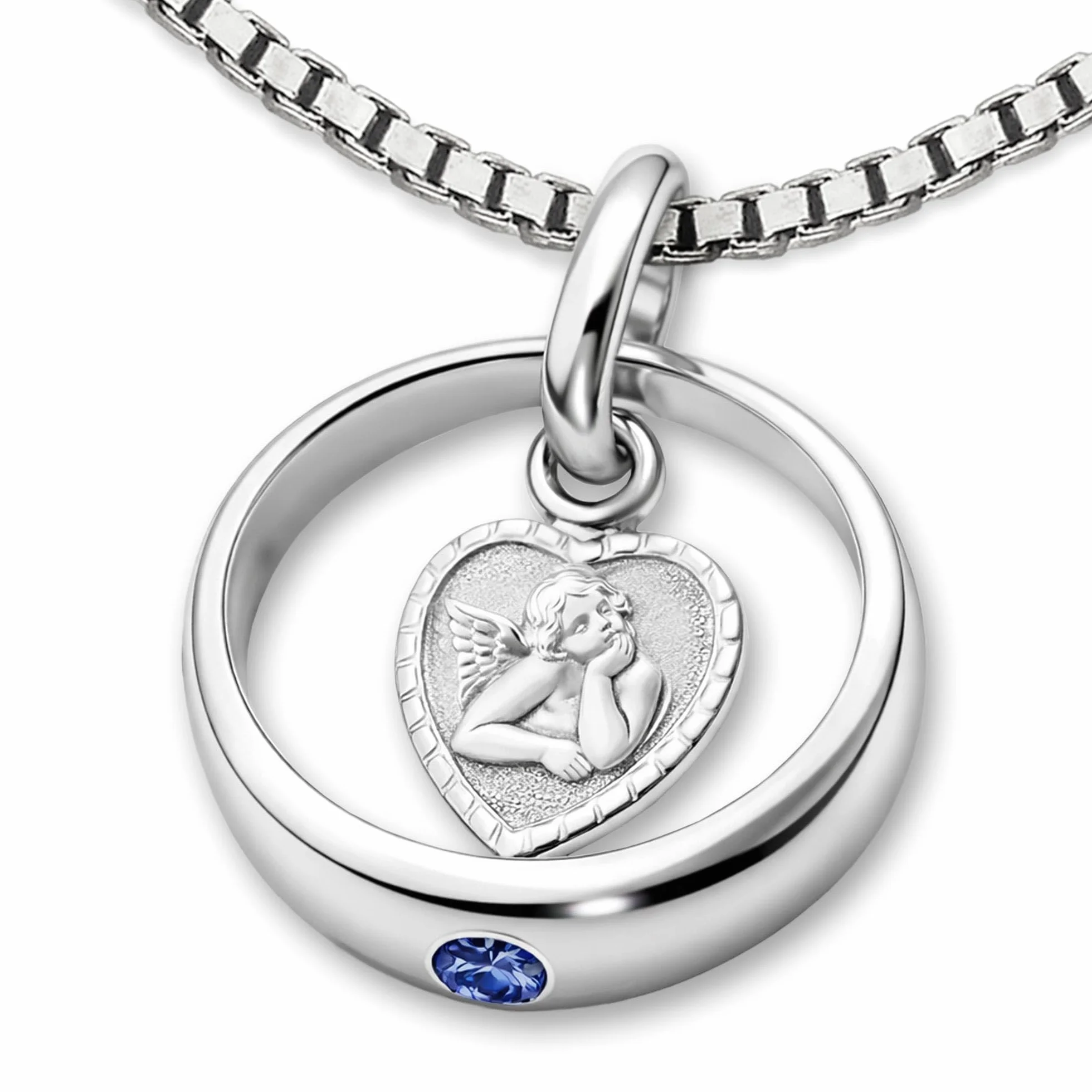 Collier de baptême en argent sterling 925 avec pierre bleu saphire ange cœur Chaîne Venezia 36 cm