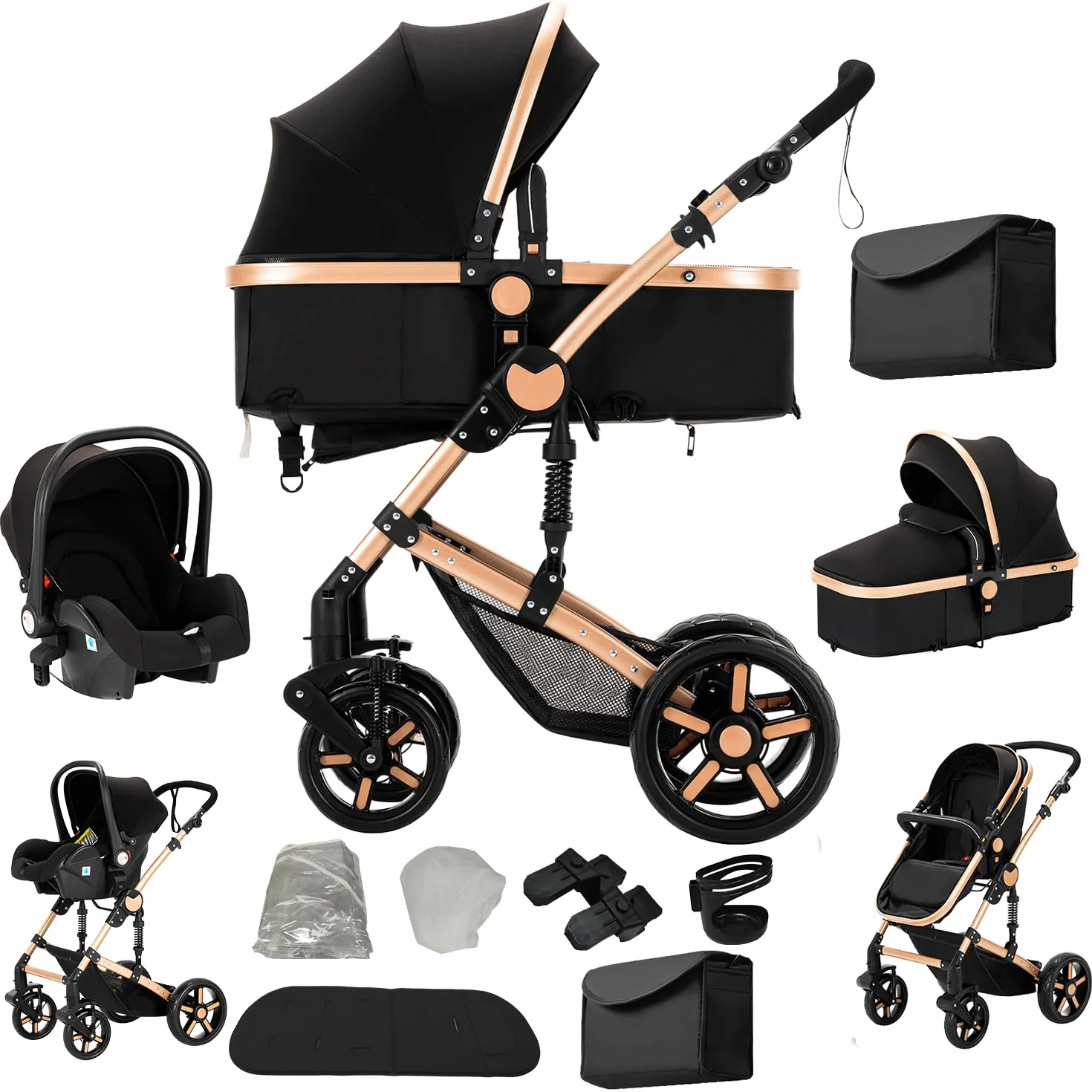 Poussette 3 en 1 Haute Vue Pliante Aluminium Système Voyage Bébé Noir Doré
