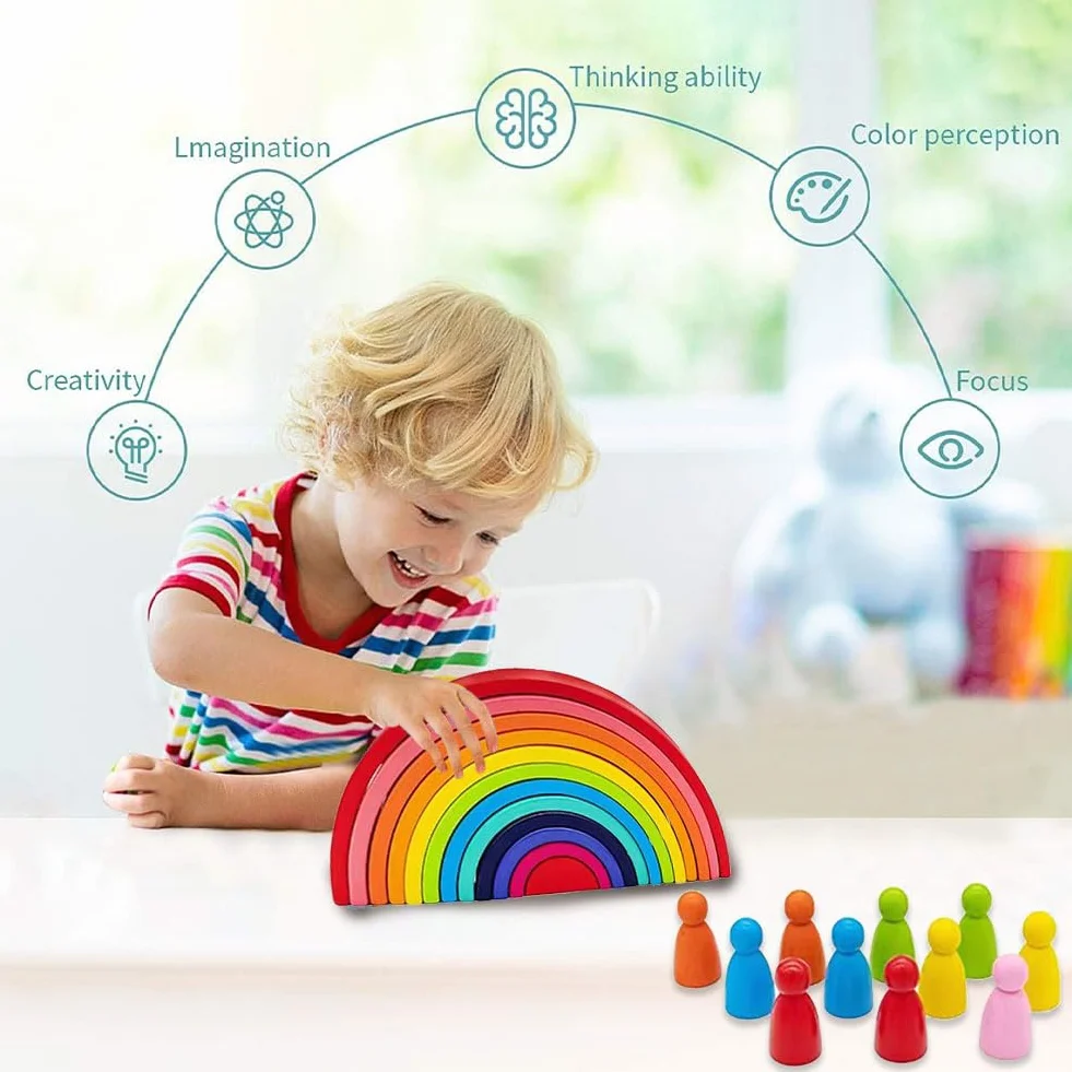 Kiuiom Arc en Ciel Bois Montessori Jouet Bloc De Construction 4 Pièces pour Enfants