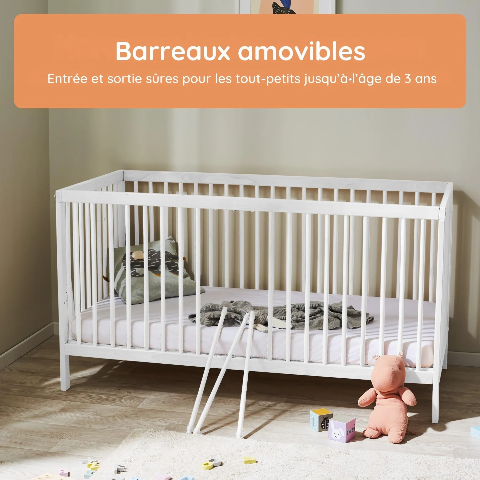 Kids Collective Lit bébé évolutif 60x120 70x140 cm Matelas Sommier hêtre Massif Blanc