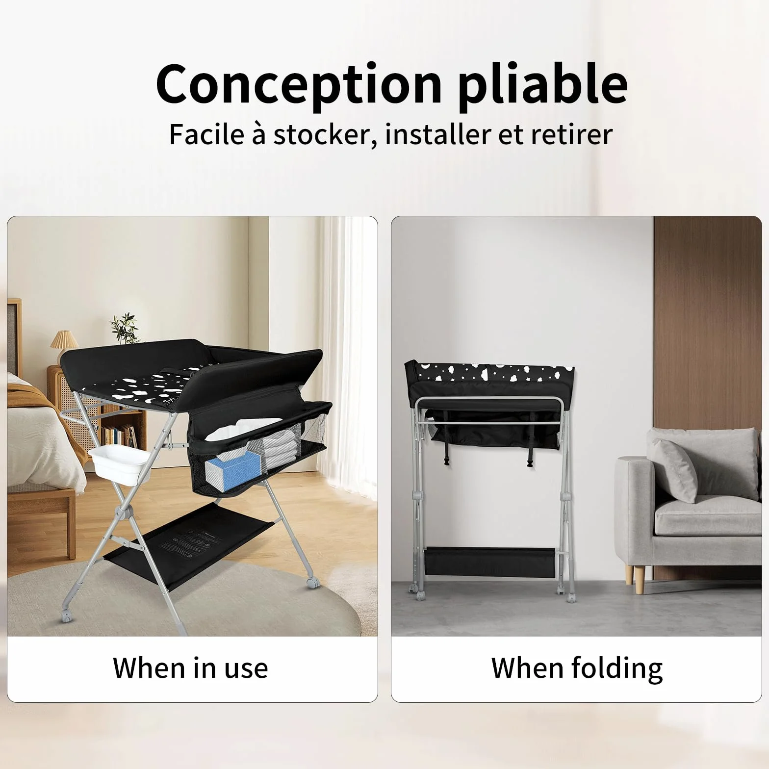 Table à langer pliable avec matelas, roulettes et harnais de sécurité, réglable en hauteur