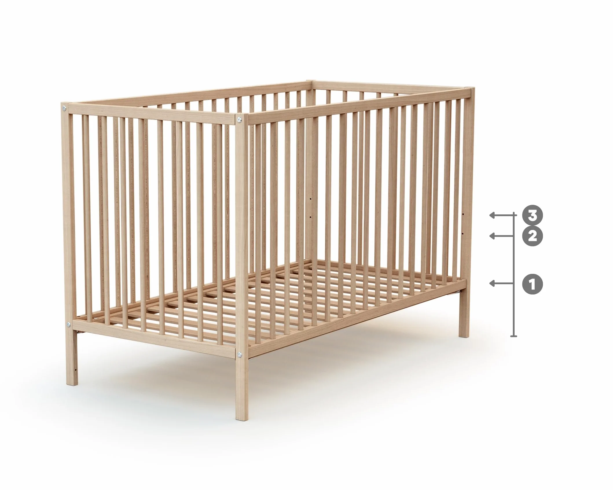 Lit bébé 60x120cm Hêtre Brut Bois massif Sommier réglable 3 hauteurs