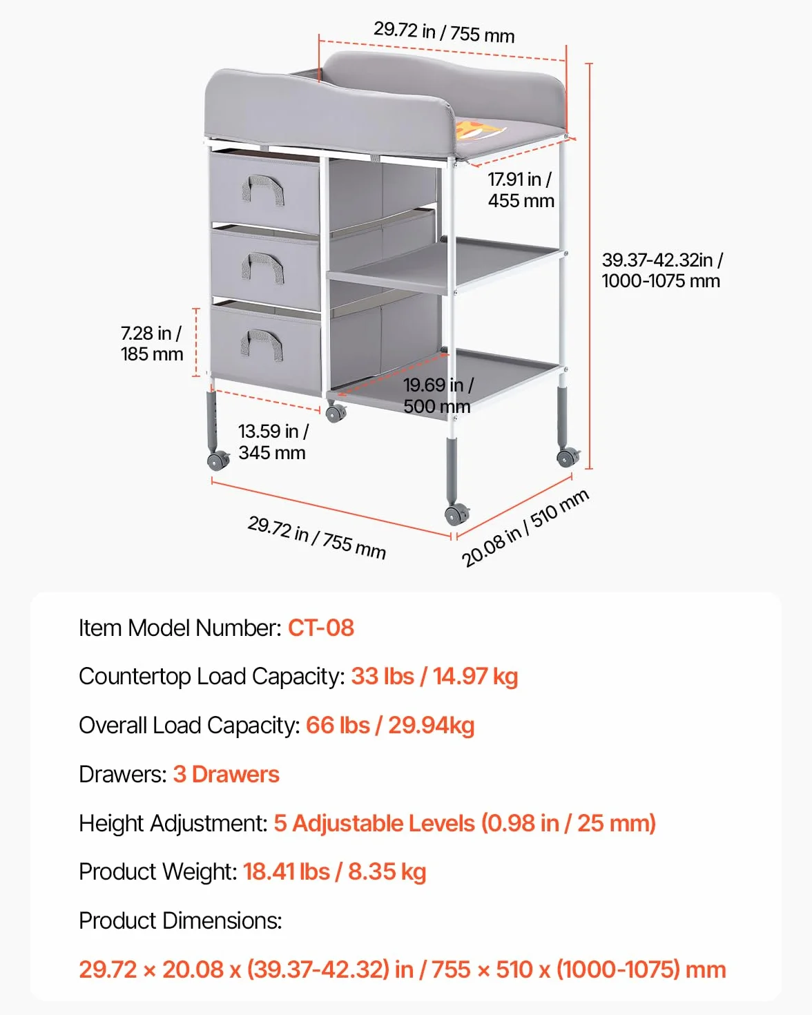 VEVOR Table à Langer Portable avec 3 Tiroirs en Tissu et Roulettes Verrouillables, Meuble pour Bébés Multifonctionnel, Hauteur Réglable, Gris