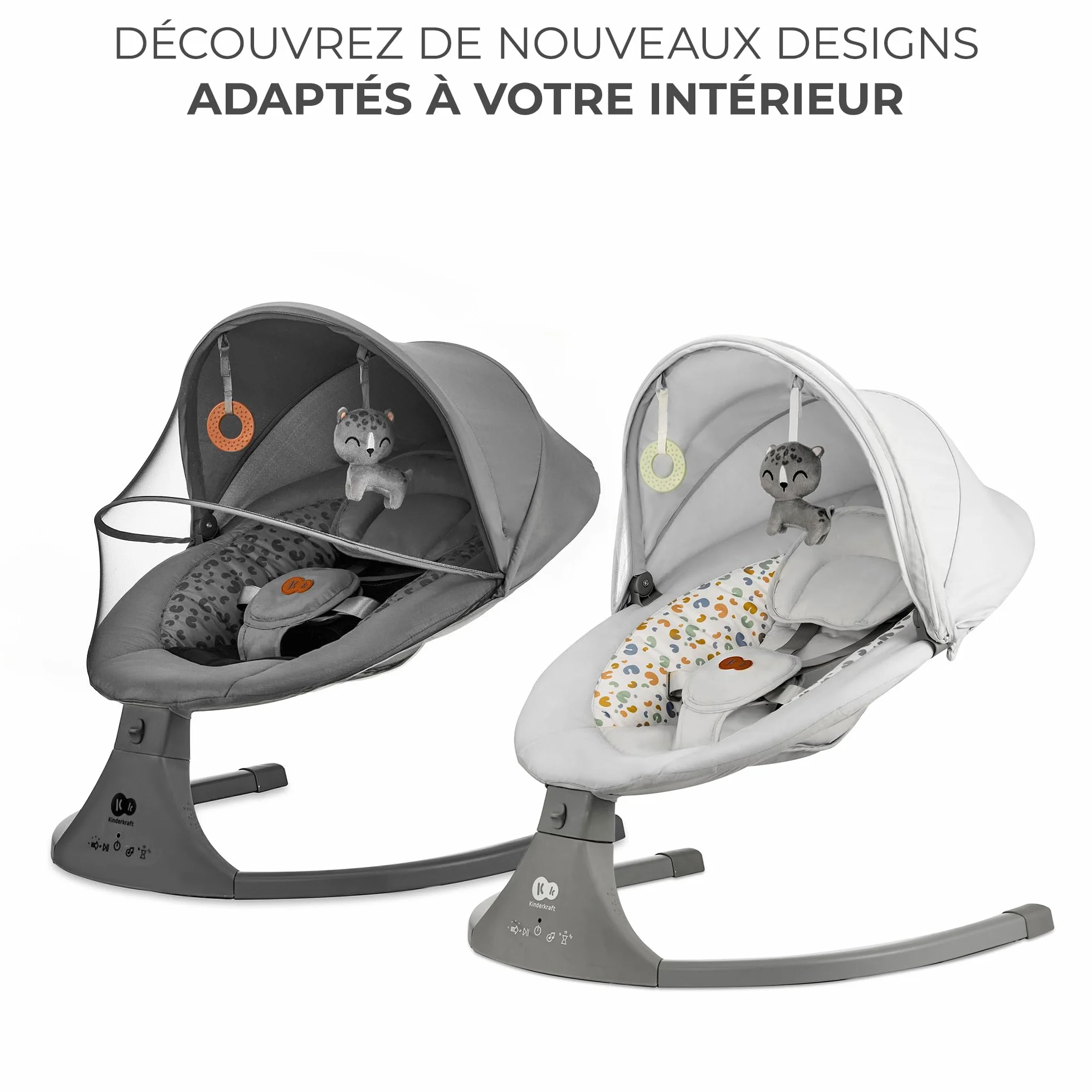 Kinderkraft LUMI 2 Transat bébé Balancelle électrique Naissance à 9 Mois Réglable hauteur 5 modes balancement 12 mélodies Arche jouets Gris foncé