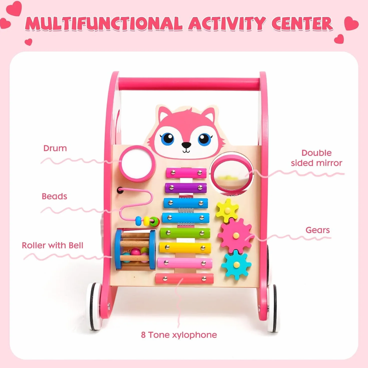 Chariot de Marche Bébé avec Xylophone, Instruments de Musique et Jeu d'Association de Formes, Trotteur Bébé Fille, Jouet Montessori Centre d'Activités Multifonctionnel pour Bébés de 6 Mois et Plus, Rose