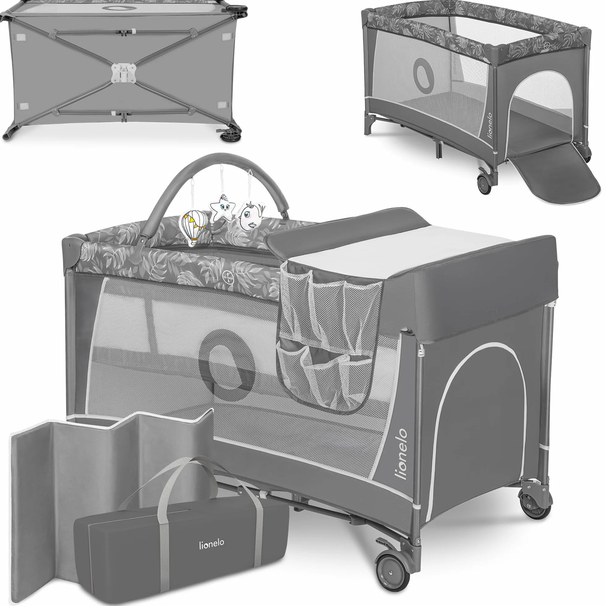 lionelo Flower lit Bebe Deux hauteurs de Matelas entrée latérale Barre Jouets Table à Langer Sac Transport Pliage Rapide Gris II
