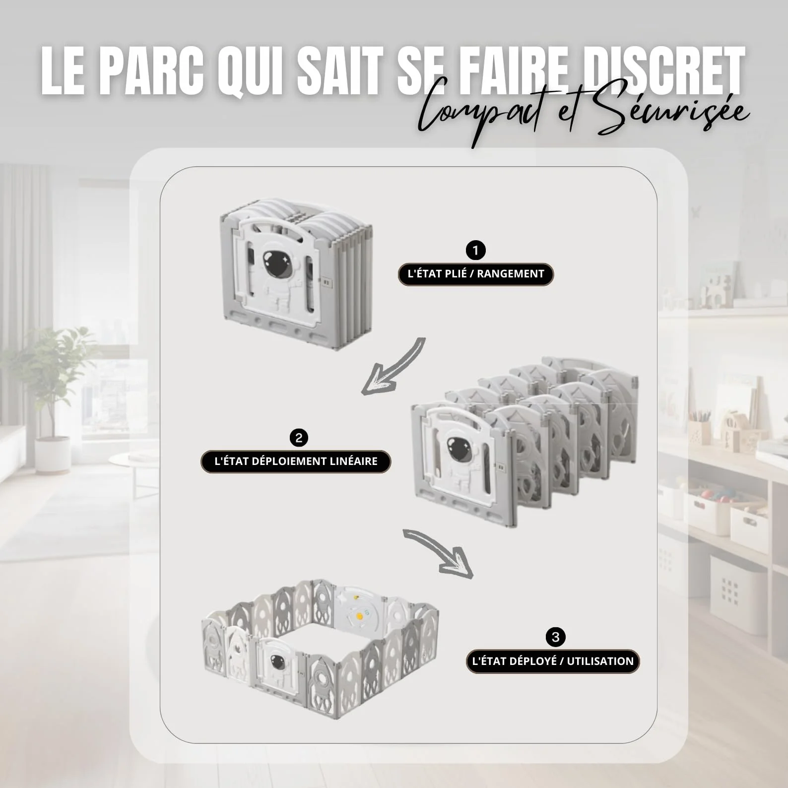 Parc Bébé Modulable 145x145 CM Gris et Blanc – Aire de Jeu Sécurisée pour Enfant