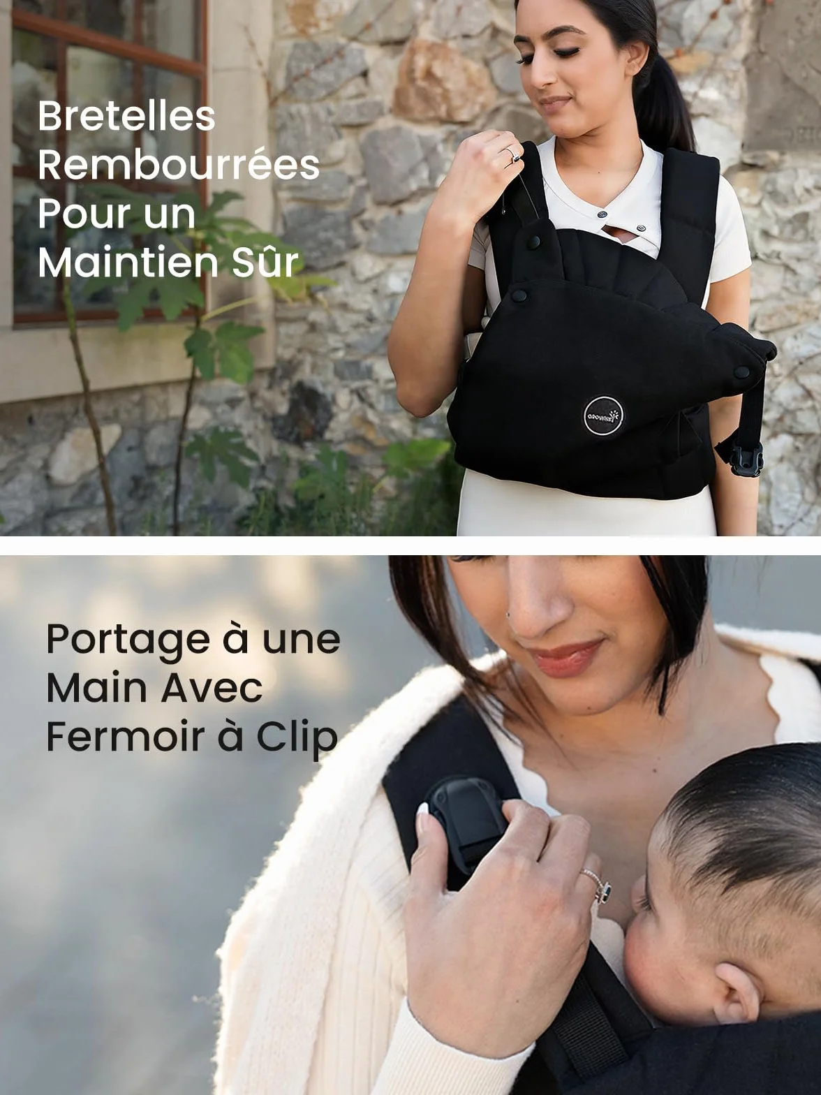 Porte-bébé Physiologique et Ergonomique Noir 3-20 kg 0-24 mois Boucle Ouverture Rapide Enfilage Facile Appui-tête