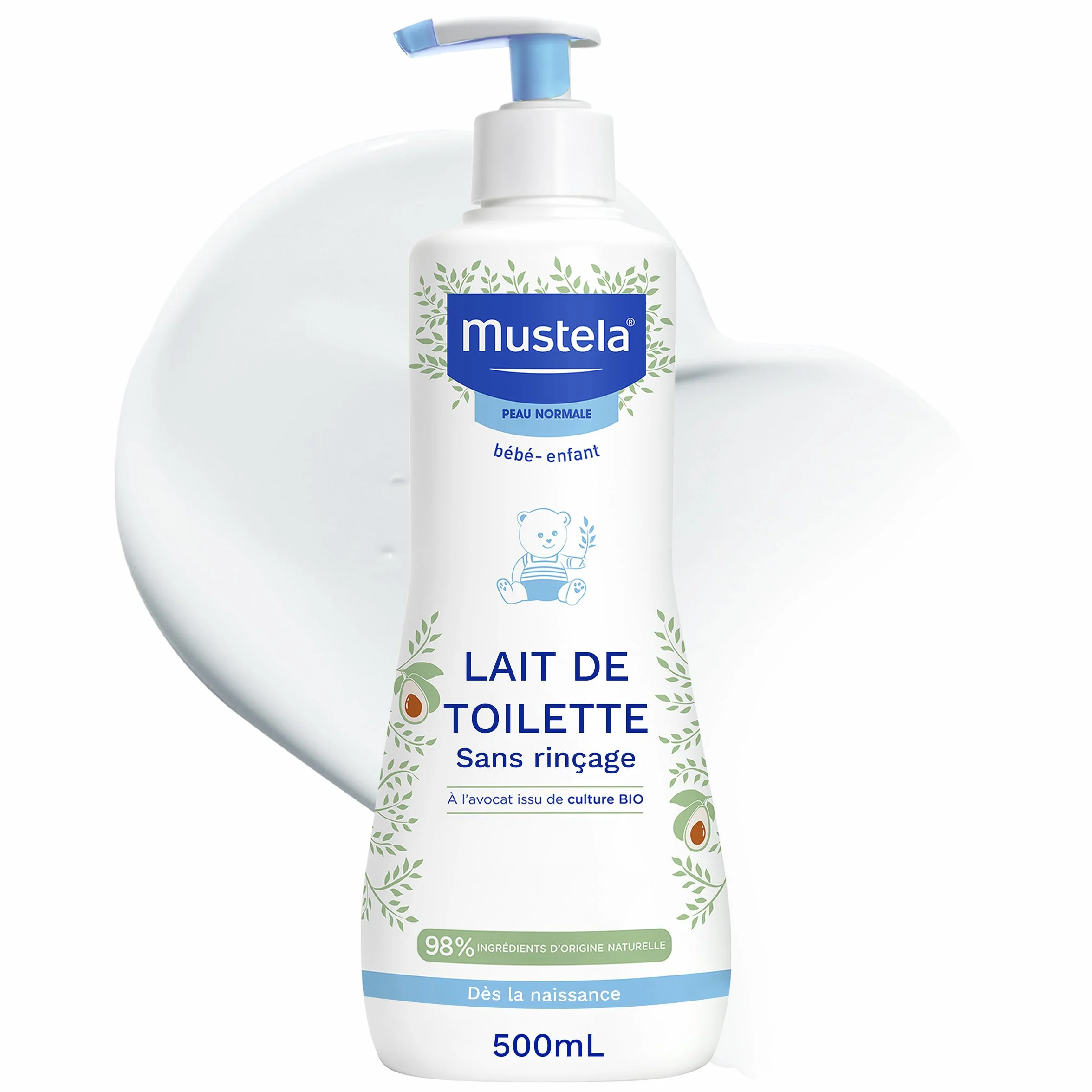 Mustela Lait de Toilette Bébé Sans Rinçage Soin Nettoyant Hydratation 98% Ingrédients Naturels Haute Tolérance Hygiène Bébé Visage Siège Peau Normale