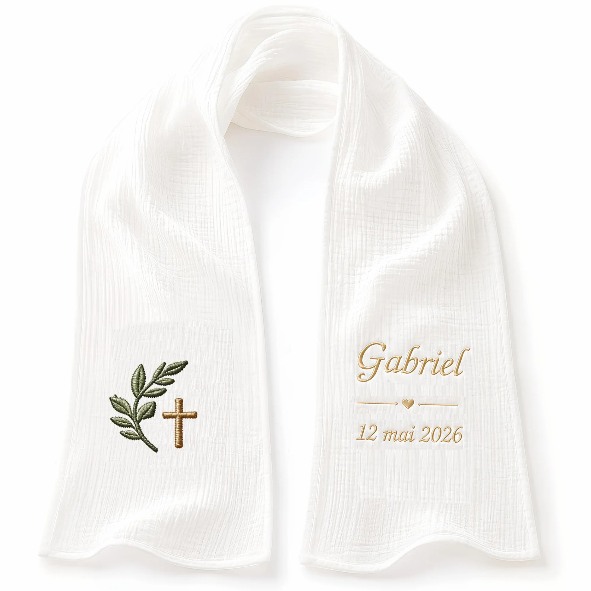 Écharpe de Baptême Personnalisée Bébé Double Gaze de Coton Brodée Prénom Date Blanche Douce Légère Cadeau Coffret