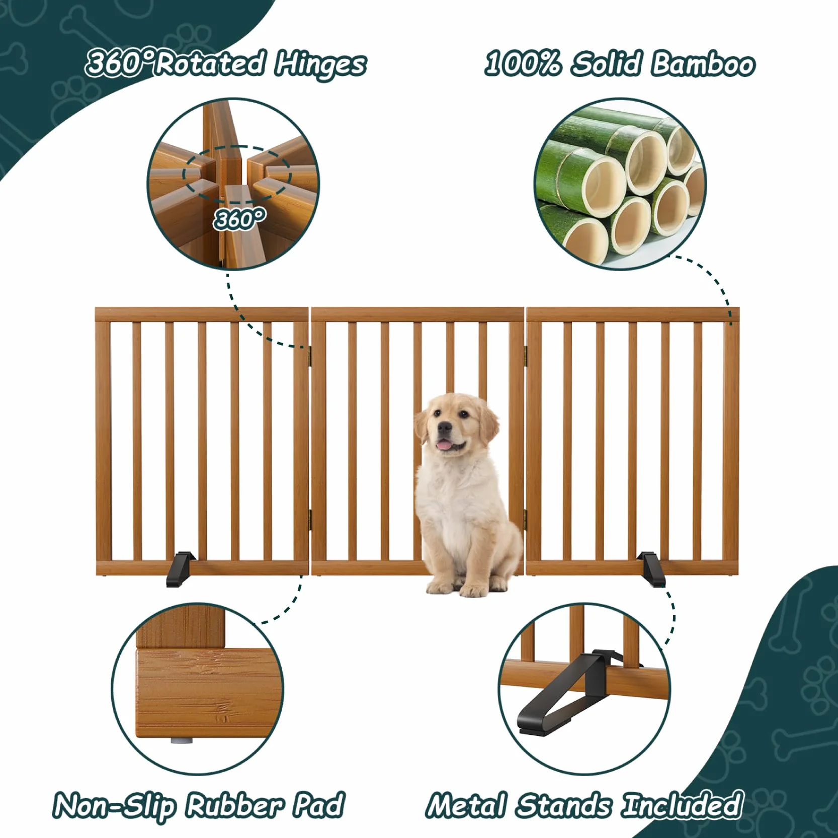 Barrière de Sécurité pour Chien 3 Panneaux sans Perçage 61cm x 140cm avec Supports Métalliques Noyer