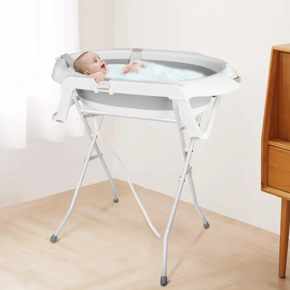 Baignoire Bébé Pliable XXL 2 en 1 sur Pied avec Support, Coussin, Drainage pour Nouveau-nés et Tout-petits (Gris)