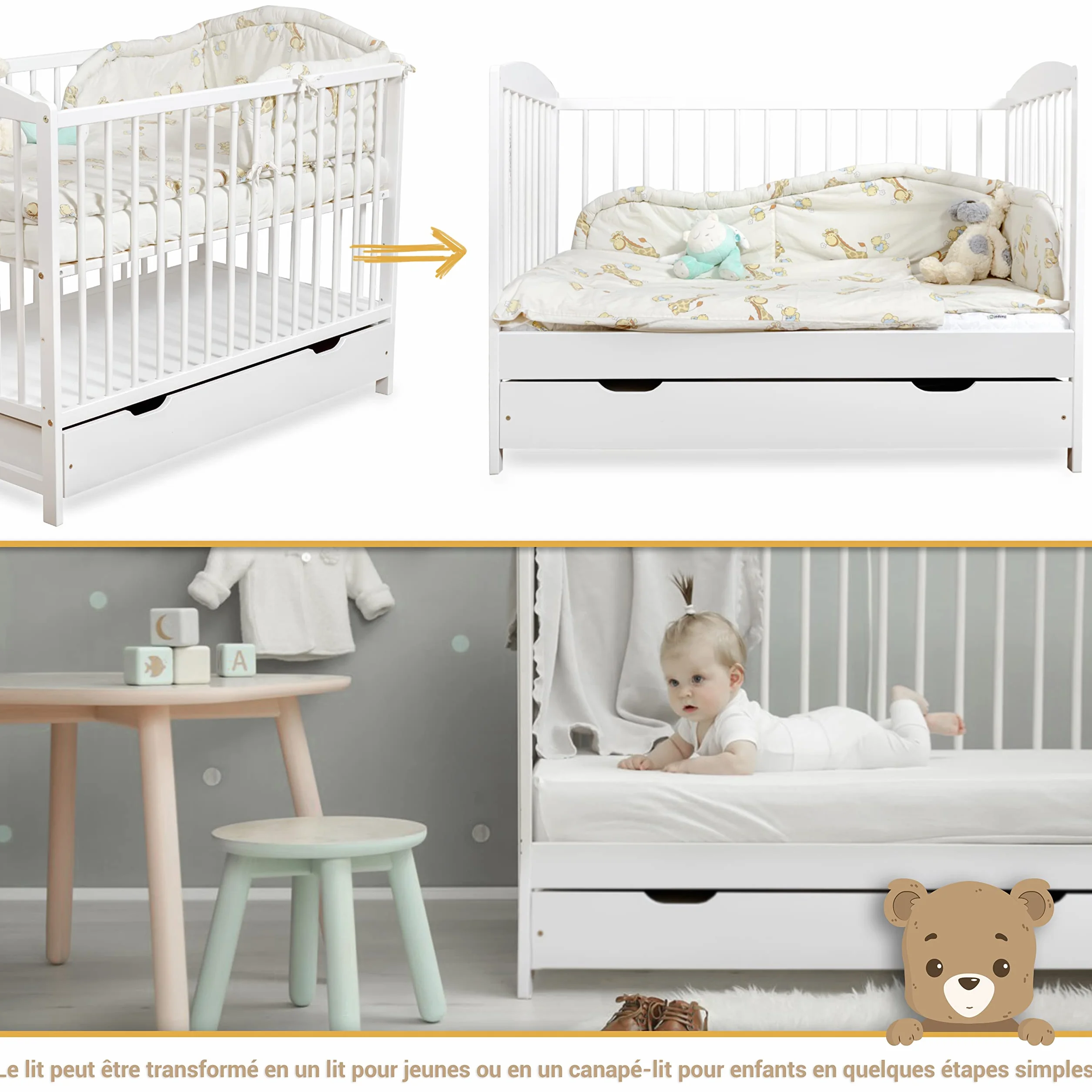 Lit Bébé 60x120 cm avec Tiroir – Lit en Bois Réglable en Hauteur, Transformable en Lit Enfant Blanc