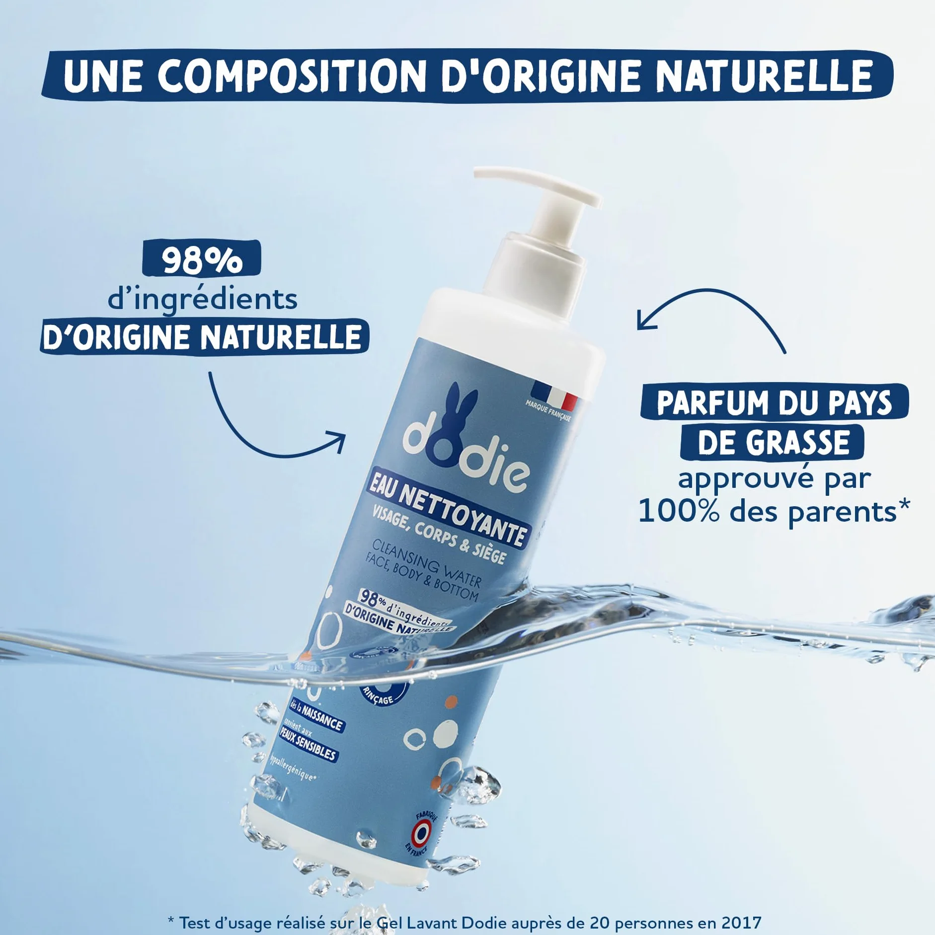 DODIE Eau nettoyante 3 en 1 1L Nettoyant Visage Corps Siège 98% ingrédients naturelle Hypoallergénique