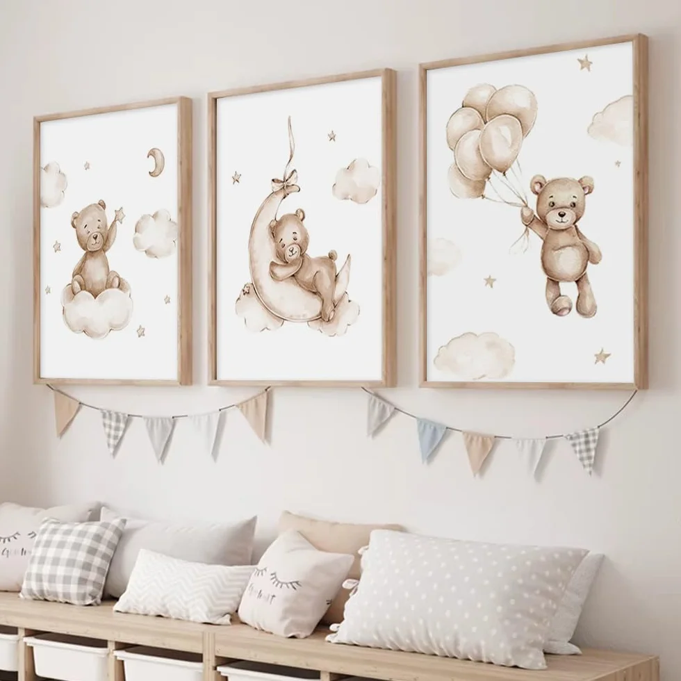 Affiche Ourson Chambre Bebe 30x40cm Poster Mural Enfant Garcon Nounours Nuage Ballon Tableau Decoration Murale Fille Cadeau sans Cadre
