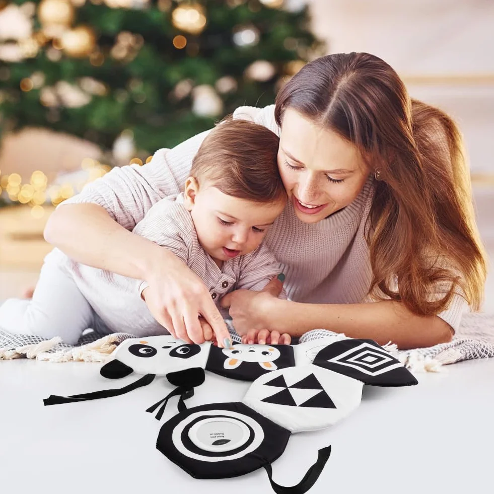 HOTUT Livre Tissu Bébé Eveil, Livre Doux Froissé 3D Noir et Blanc Montessori, Sensoriel 6-12 Mois, Cadeau Naissance Garçon Fille Double Face