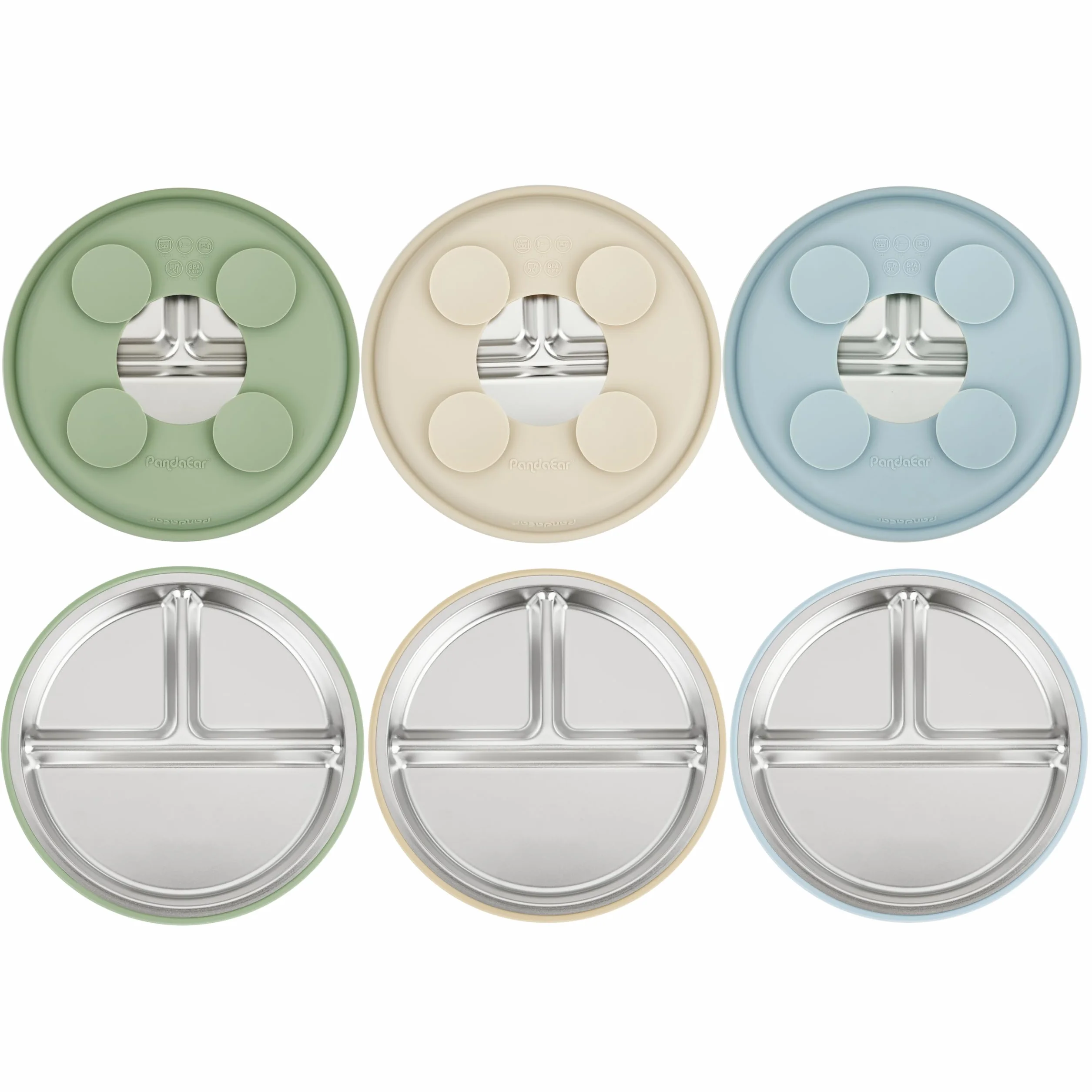 PandaEar Assiettes en Acier Inoxydable avec Suction pour Bébé, Lot de 3, Assiette Divisée pour Enfants, Set de Repas Antidérapant (Bleu)