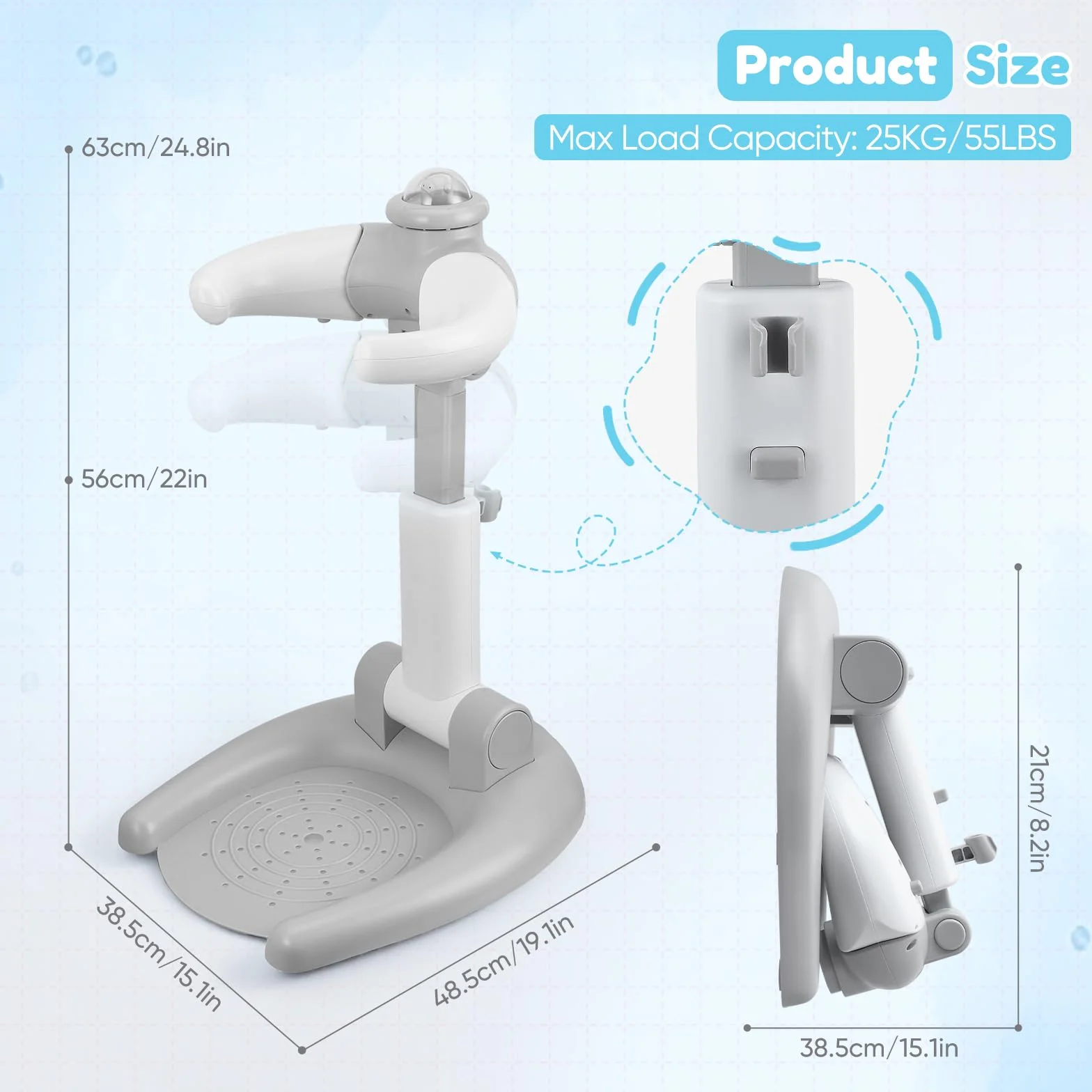 Support de douche réglable pour enfants 2 en 1 pliable avec tabouret