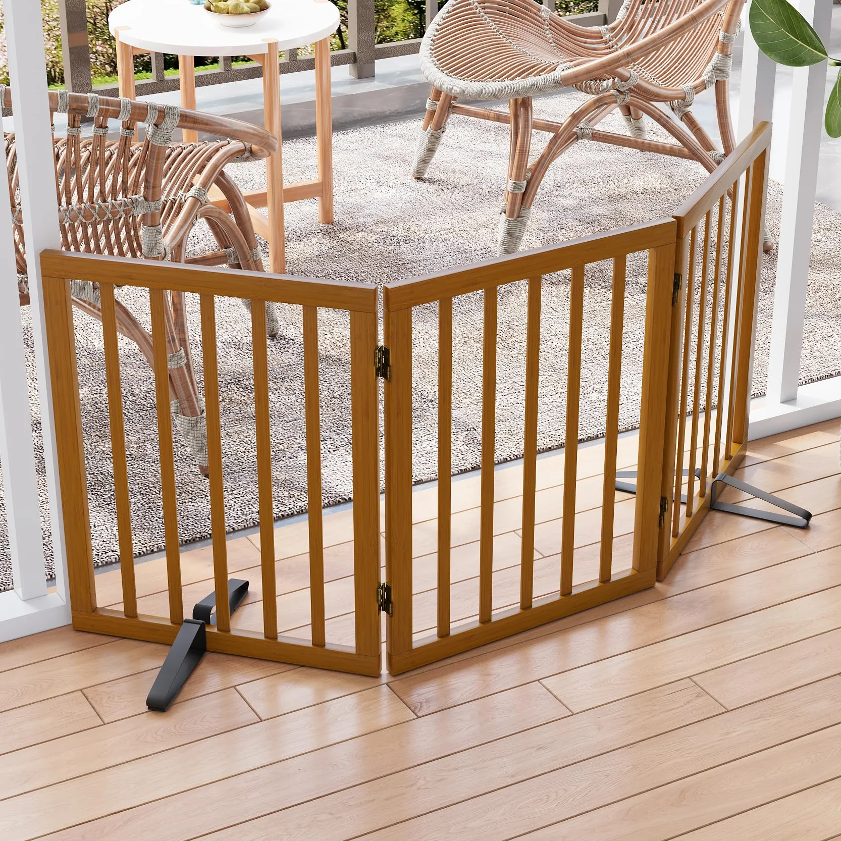 Barrière de Sécurité pour Chien 3 Panneaux sans Perçage 61cm x 140cm avec Supports Métalliques Noyer